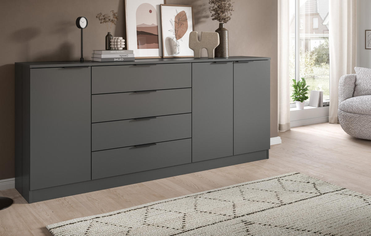 SIDEBOARD grau 185 x 80 cm, Kommode mit viel Stauraum - Schwarz/Grau, Holzwerkstoff/Kunststoff (185/80/35cm) - Inn.Furn