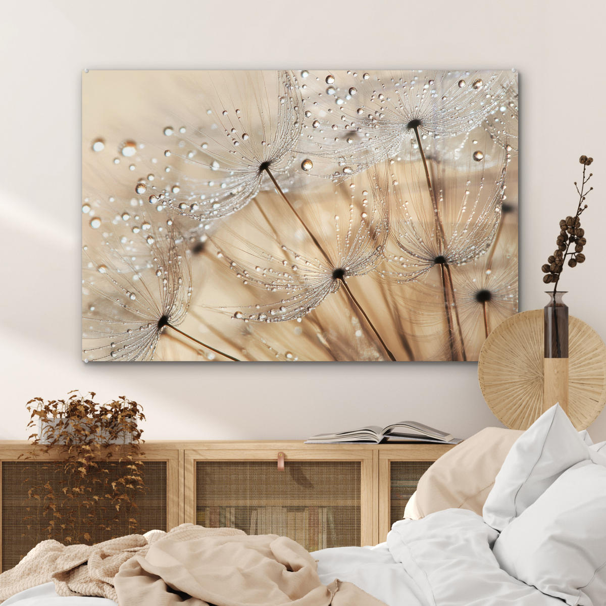 ACRYLGLASBILD Löwenzahn - Abstrakt - Natur - Beige 90x60 cm - Braun, Glas (90/60cm) - MuchoWow