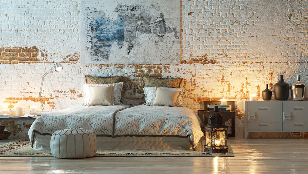 Industrial Style Schlafzimmer Bett mit heller Bettwäsche