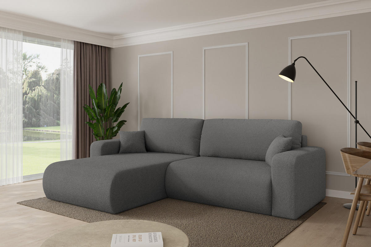 ROHOVÁ SEDAČKA s funkcí spaní, otoman vlevo BERY-L 276x193x88 šedá bouclé - šedá/černá, kompozitní dřevo/textil (276/193cm) - ALTDECOR