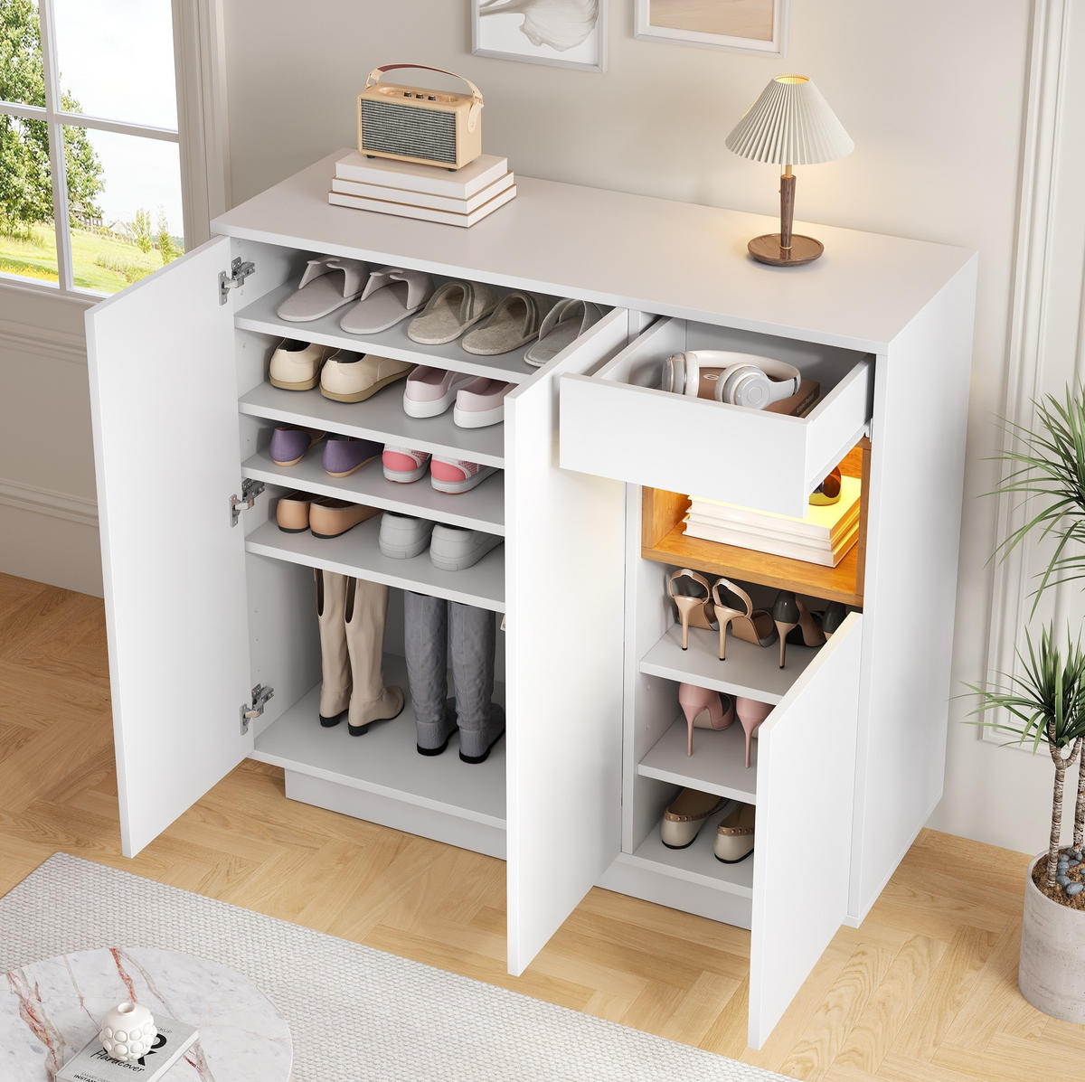 SCHUHSCHRANK aus Spanplatte 105x39,5x100,5cm in Weiß mit LED-Beleuchtung - Weiß, Holzwerkstoff (105/100.5/39.5cm) - Modfu