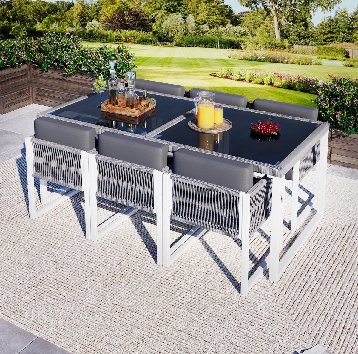 GARTEN-ESSGRUPPE 170/80/75 cm mit 6 Sesseln, gehärteter Glasplatte und waschbaren Bezügen, Grau/Weiß - Grau, Metall - Redom