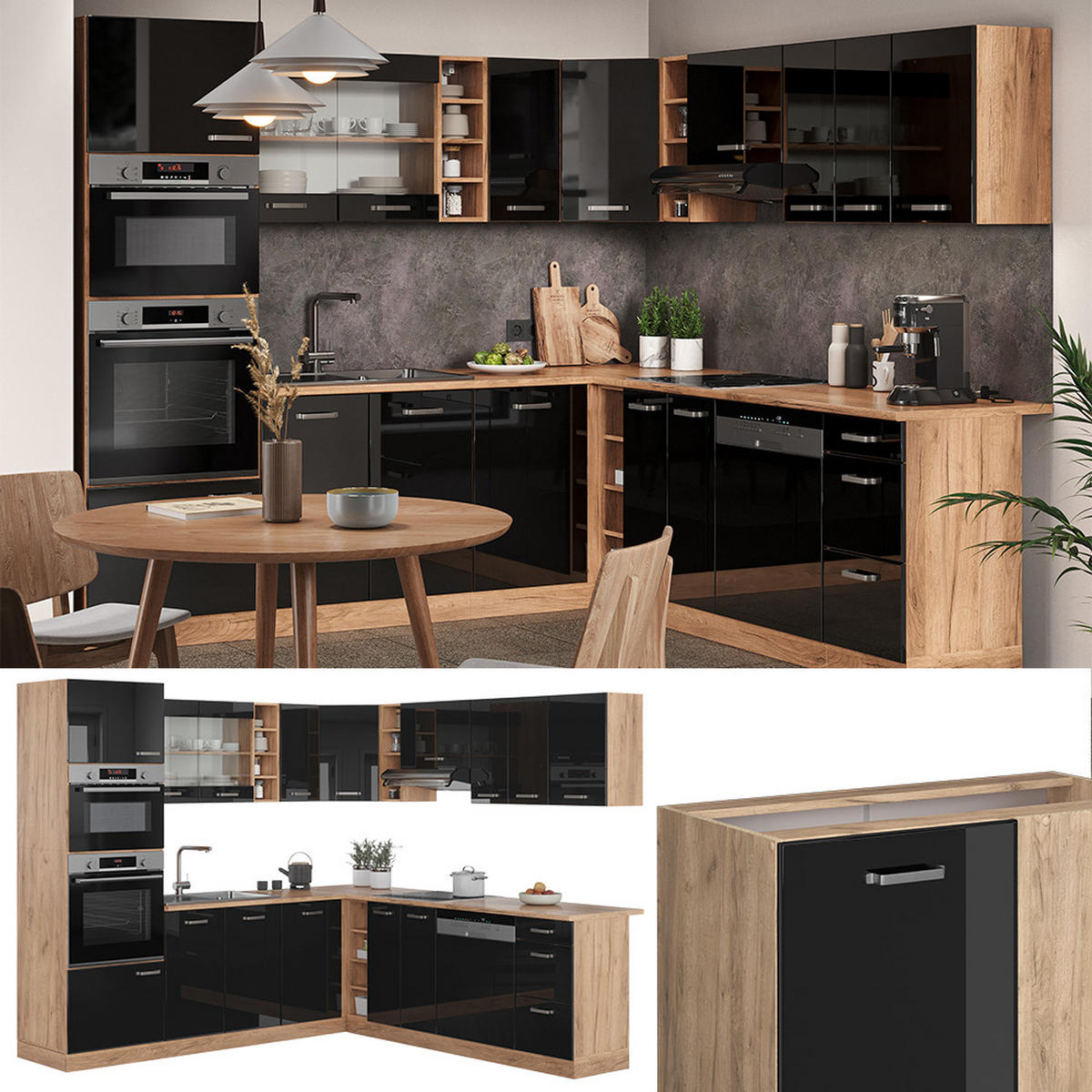 ECKKÜCHE R-Line Schwarz Hochglanz/Goldkraft Eiche 237 x 60 cm ohne AP - Schwarz Hochglanz/Eiche Wotan, Holzwerkstoff (247/81.6/46cm) - Vicco