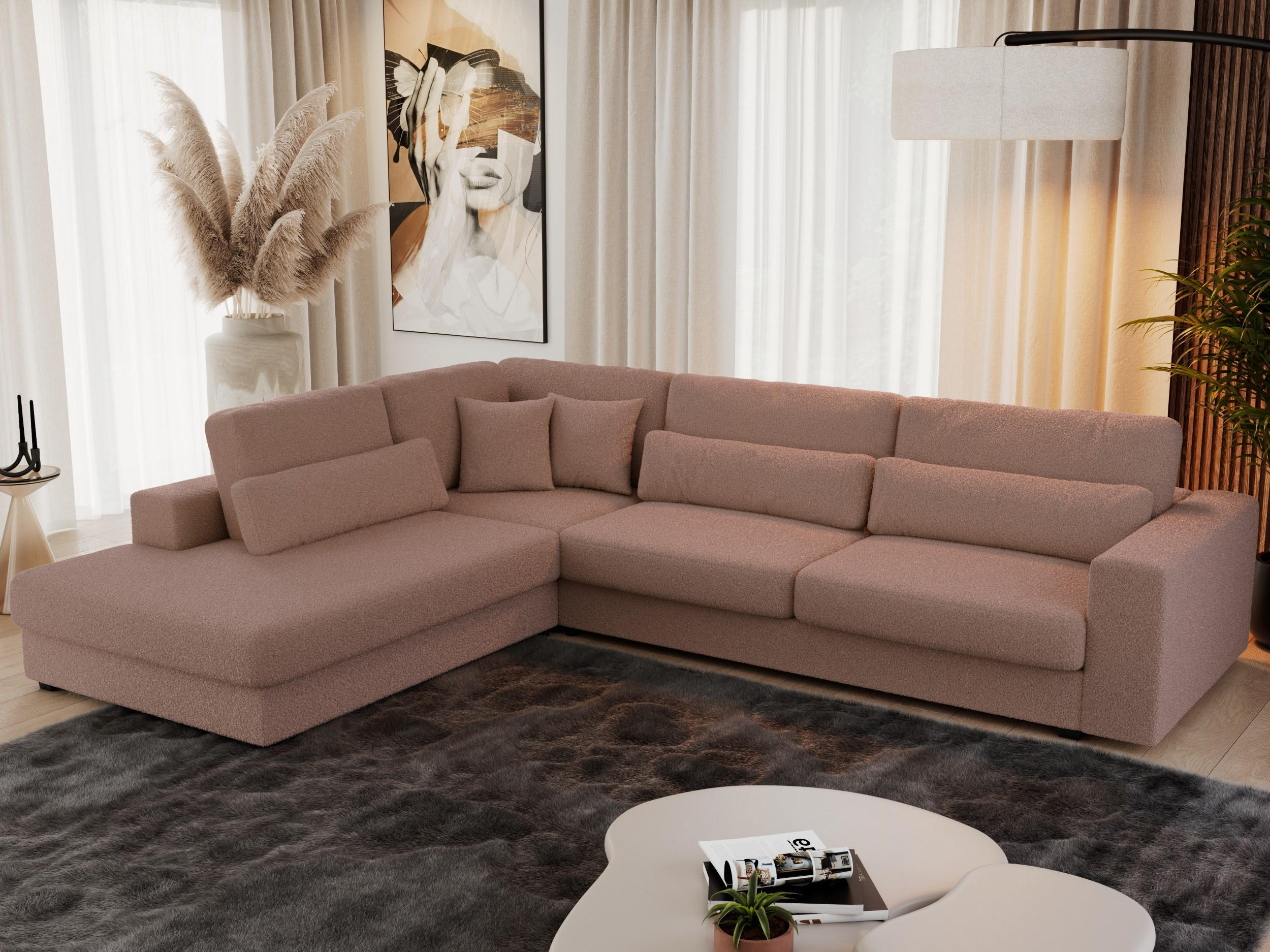 ECKSOFA Savona Rosa Boucle - links - Schwarz/Rosa, Kunststoff/Textil (316/249cm) - MKS