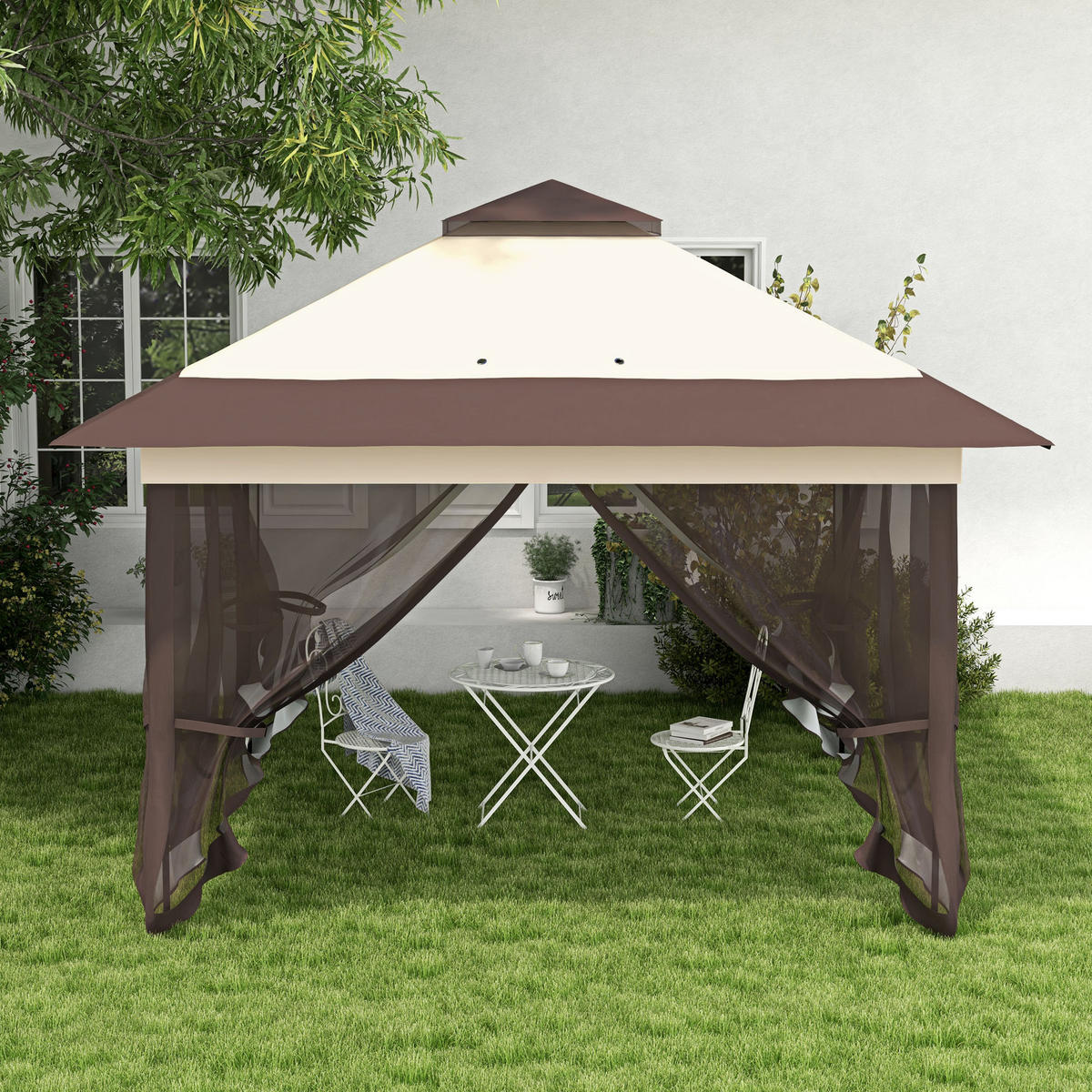 PAVILLON DE-13981 Pop-up, 4 Moskitonetze, mit Rolltasche Khaki/Braun - Mokka, Metall (364/294/364cm) - ComfortXL