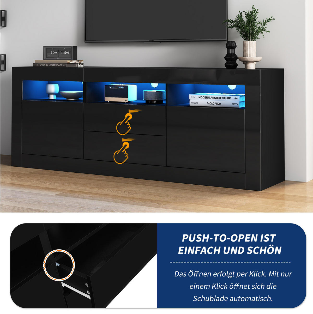 LOWBOARD 160/35/60 cm in Schwarz aus Spanplatte mit Hochglanzfront und LED-Beleuchtung - Schwarz, Holzwerkstoff (35/60/160cm) - OKMYHOME
