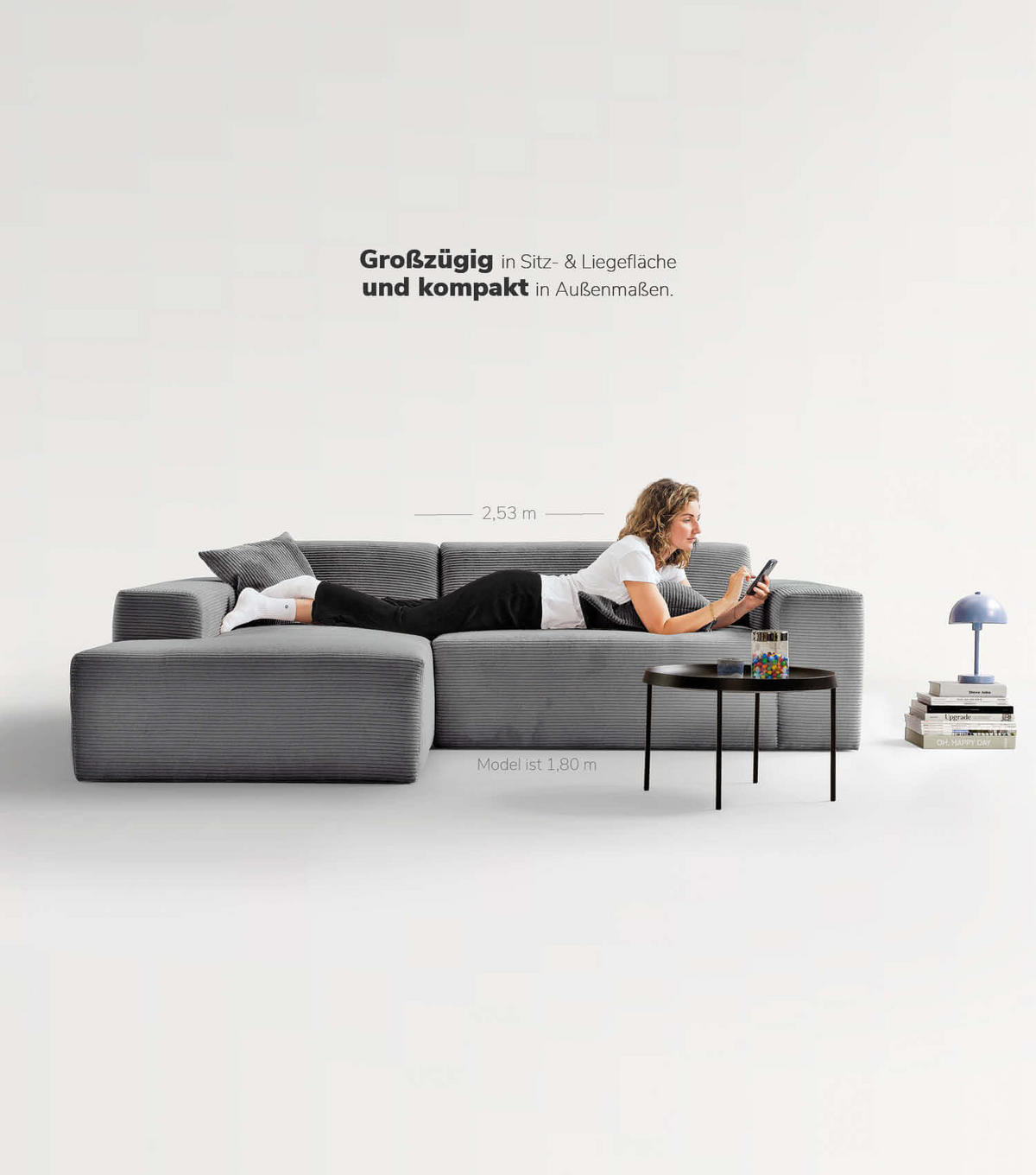 ECKSOFA Die Lässige Recamiere links - Anthrazit, Textil (253/188cm) - Mokebo