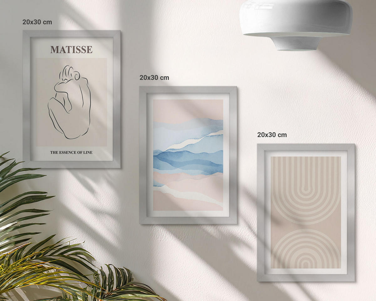 BILDER SET 3er Set - 20x30 cm Silberner Rahmen - Linien, Wellen, pastellfarbener Minimalismus - Silberfarben, Kunststoff (20/30cm) - TULUP
