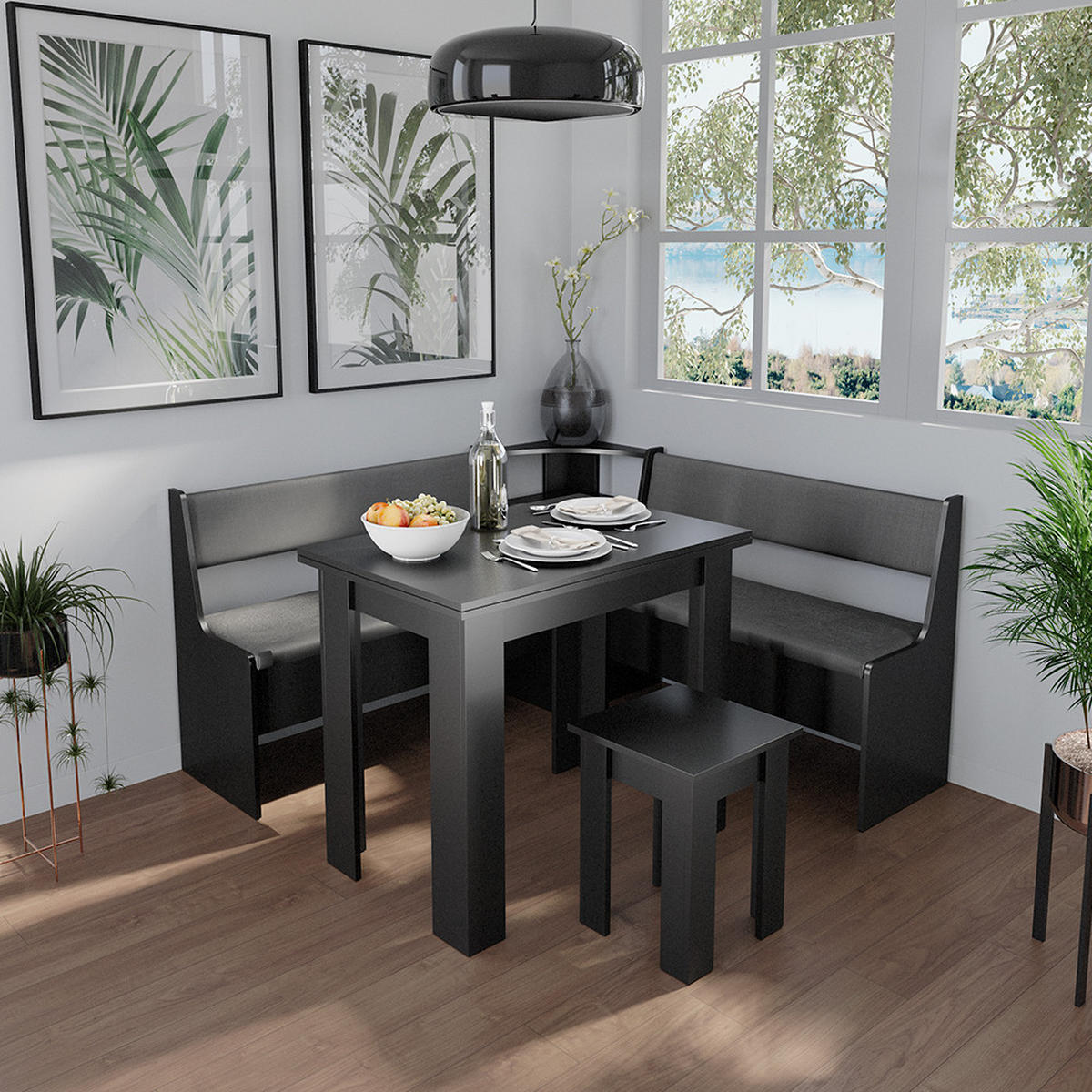 ECKBANKGRUPPE Roman Schwarz 150 x 41.5 cm mit Tisch - Schwarz/Sonoma Eiche, Holzwerkstoff (150/80/150cm) - Vicco