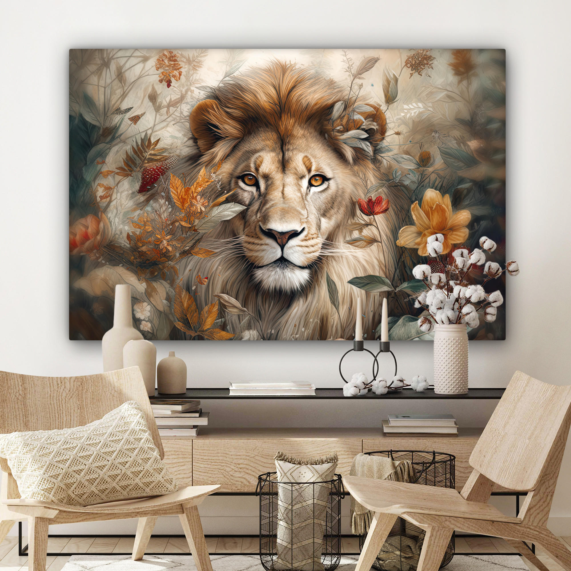 LEINWANDBILD Löwe - Wildtiere - Pflanzen - Natur - Blumen Wohnzimmer 120x80 cm - Beige, Textil (120/80cm) - MuchoWow