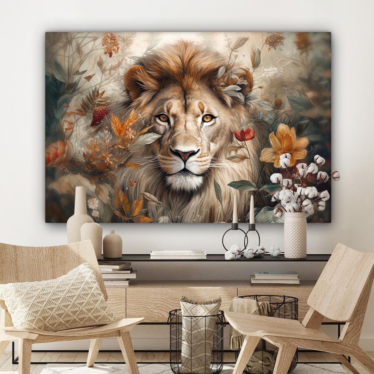 LEINWANDBILD Löwe - Wildtiere - Pflanzen - Natur - Blumen Groß 140x90 cm - Beige, Textil (140/90cm) - MuchoWow