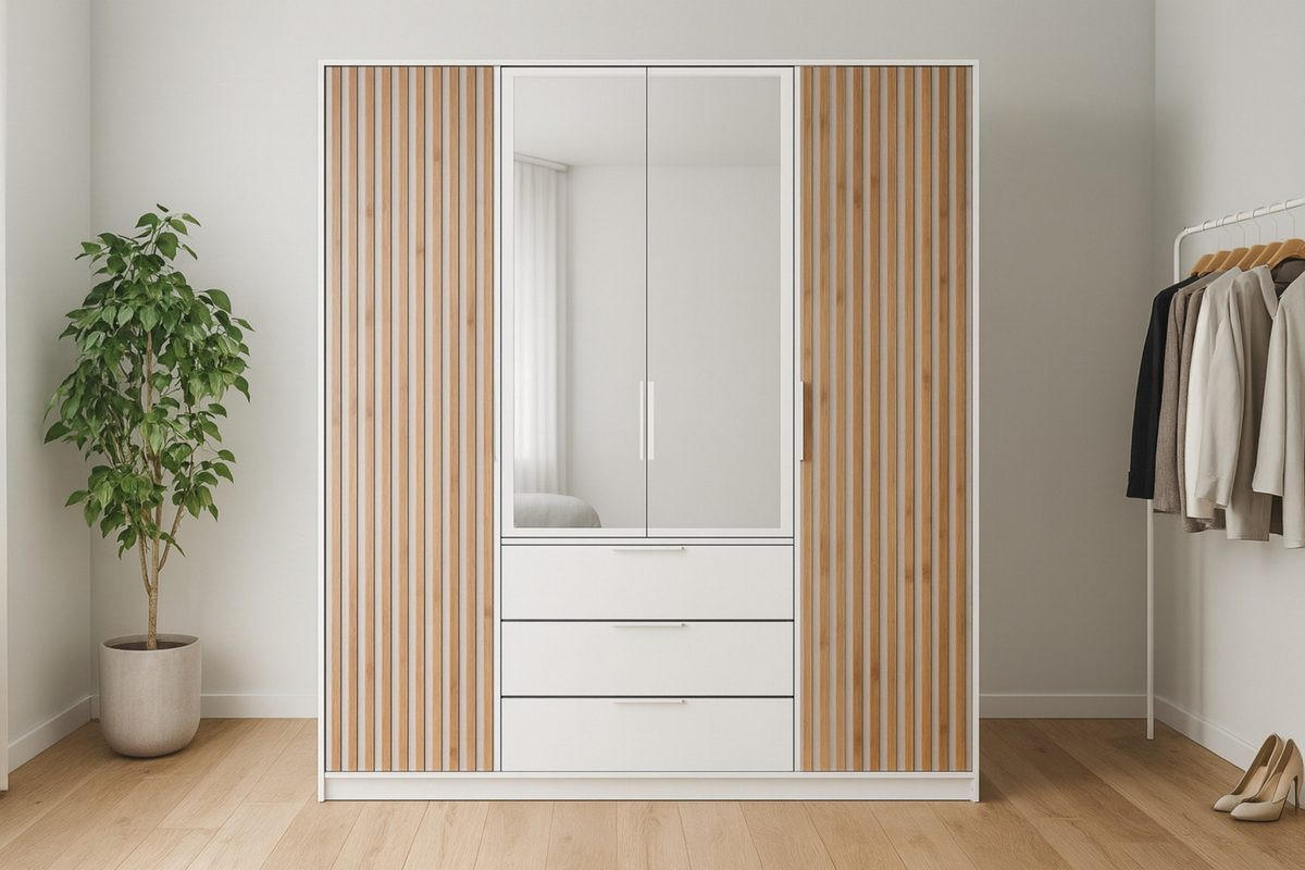 DREHTÜRENSCHRANK LABOO LUX 196/200/58 cm in Weiß mit Lamellen - Weiß, Holzwerkstoff (196/200/58cm) - Deine Möbel 24