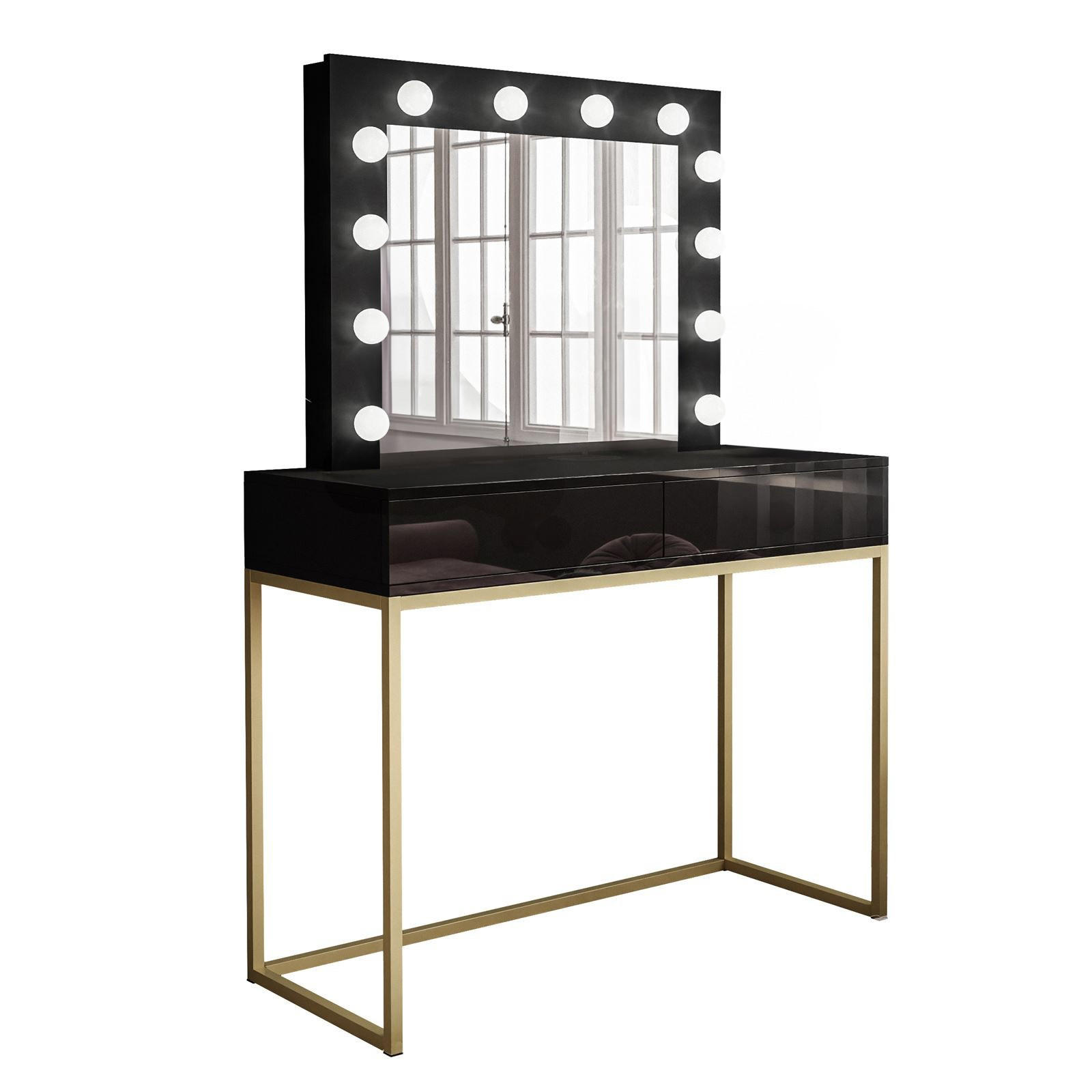 SCHMINKTISCH BLANCO GOLD mit Spiegel und Beleuchtung Schwarz PUSH OPEN - Goldfarben/Schwarz, Holzwerkstoff (100/146/42cm) - Lookway