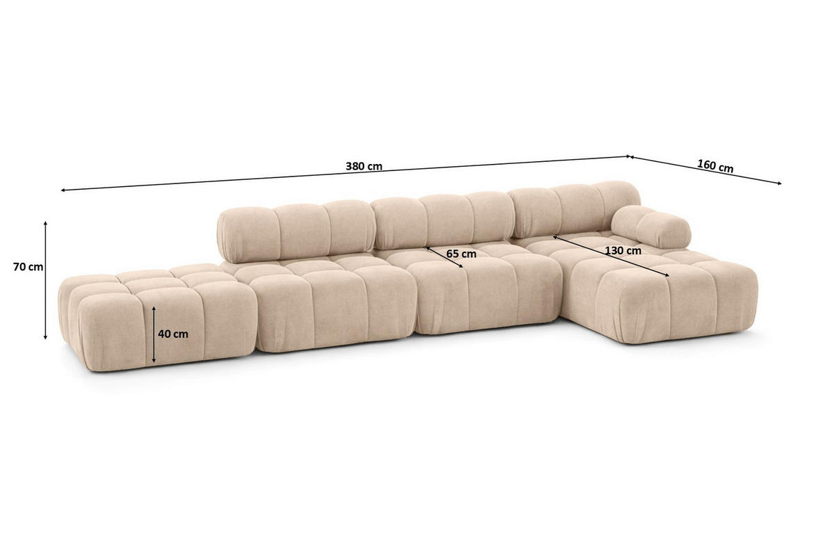 ECKSOFA L-Form XL, Stoff Velours Salvador, Beige, Rechts, Selia L XL - Beige, Holz (380/160cm) - Kaiser Möbel