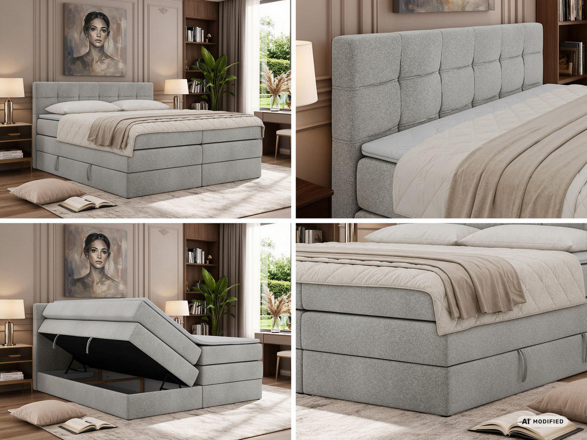 BOXSPRINGBETT SOLVEN KING 160/200 - Hellgrau Stukture - Topper T25 - H3 - Hellgrau/Schwarz, Kunststoff/Textil (160/200cm) - MKS