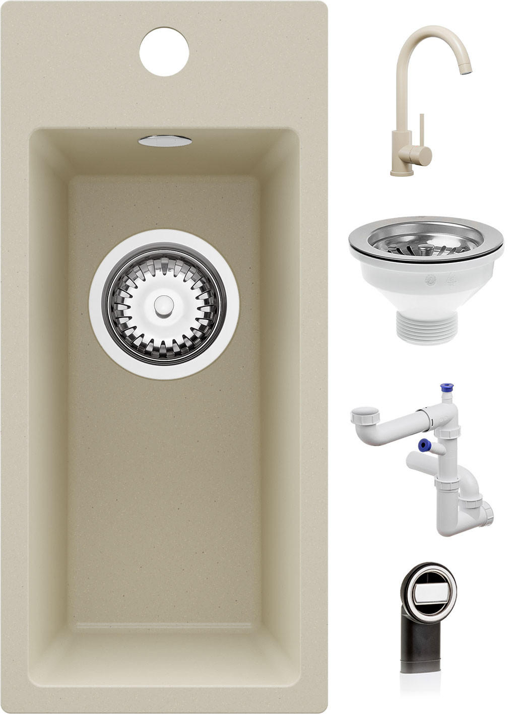 GRANITSPÜLE - Riga, 3-er set Beige 23/50 cm, 1 Becken + Küchenarmatur 32/20 cm + Ablauf-Set ab 25er Unterschrank - Beige, Kunststoff (23/200/500cm) - Primagran