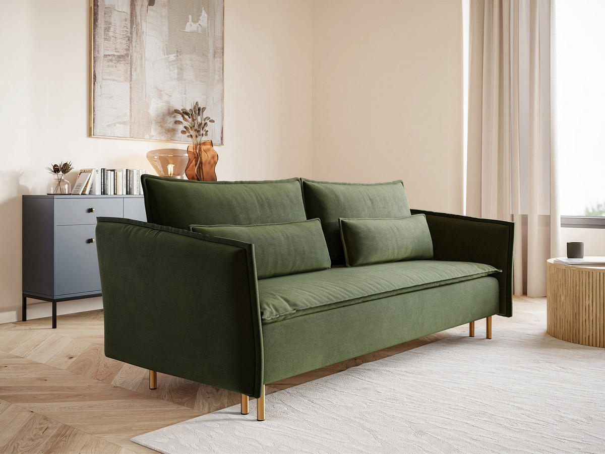 SCHLAFSOFA Ummo Olivgrün Velours - Goldfarben/Olivgrün, Textil/Metall (230/88/90cm) - Selsey