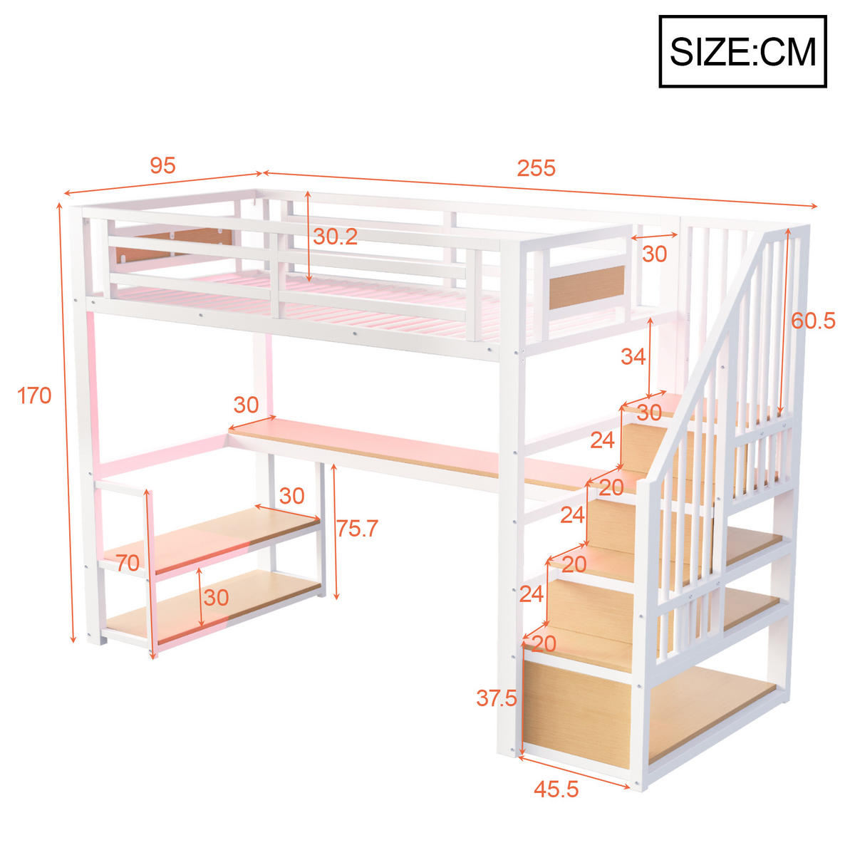 HOCHBETT 90/200 cm DE-01340, in Weiß, mit Aufbewahrungsleiter, Tisch und Regalen - Weiß, Metall (90/200cm) - ComfortXL