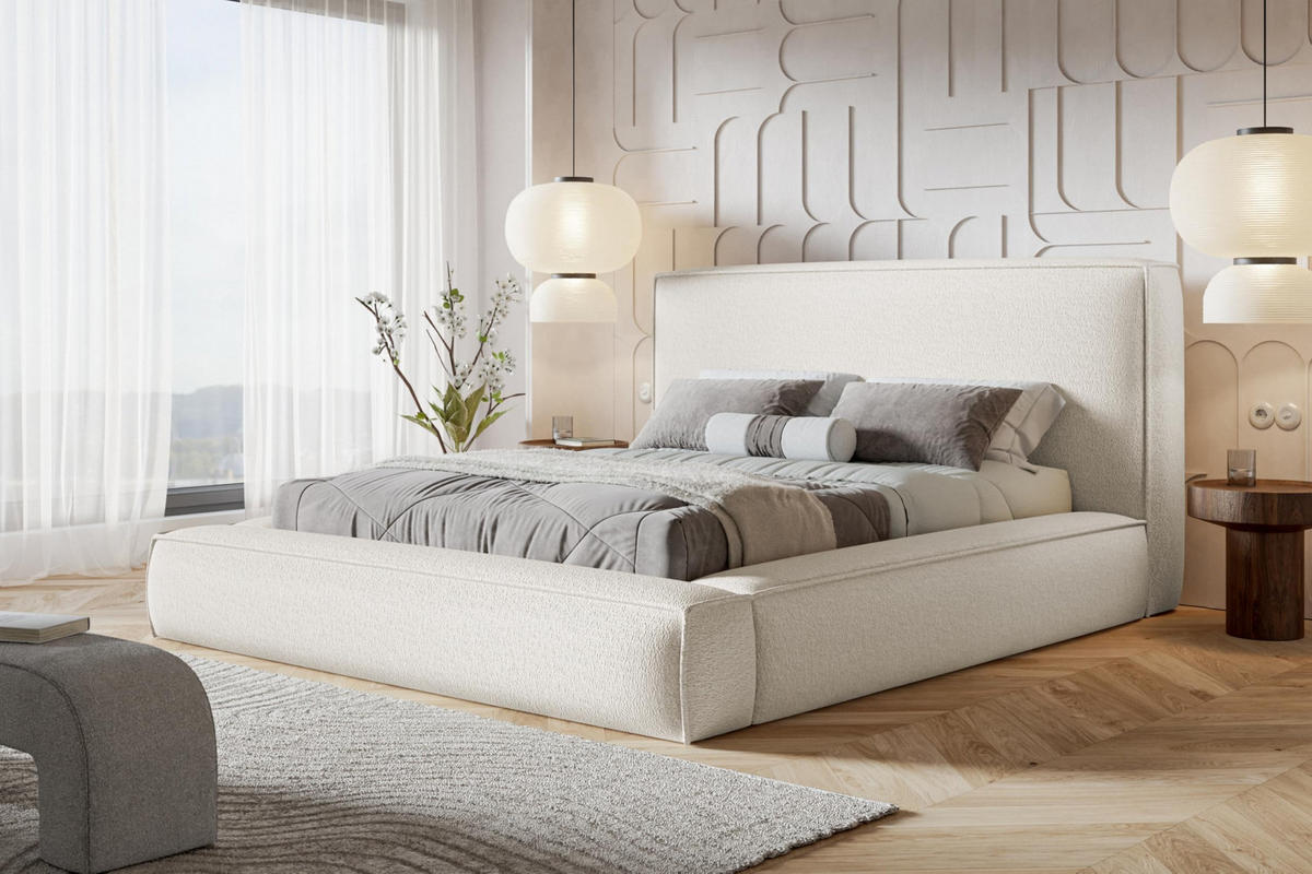 BETT 140x200 - Polsterbett mit Bettkasten und Metallrahmen - Modern Bett - Eleganter Catch-Me-Stoff - Kollektion Luna Maxi - Weiß - Weiß, Holz/Textil (140/200cm) - Alpi-Möbel