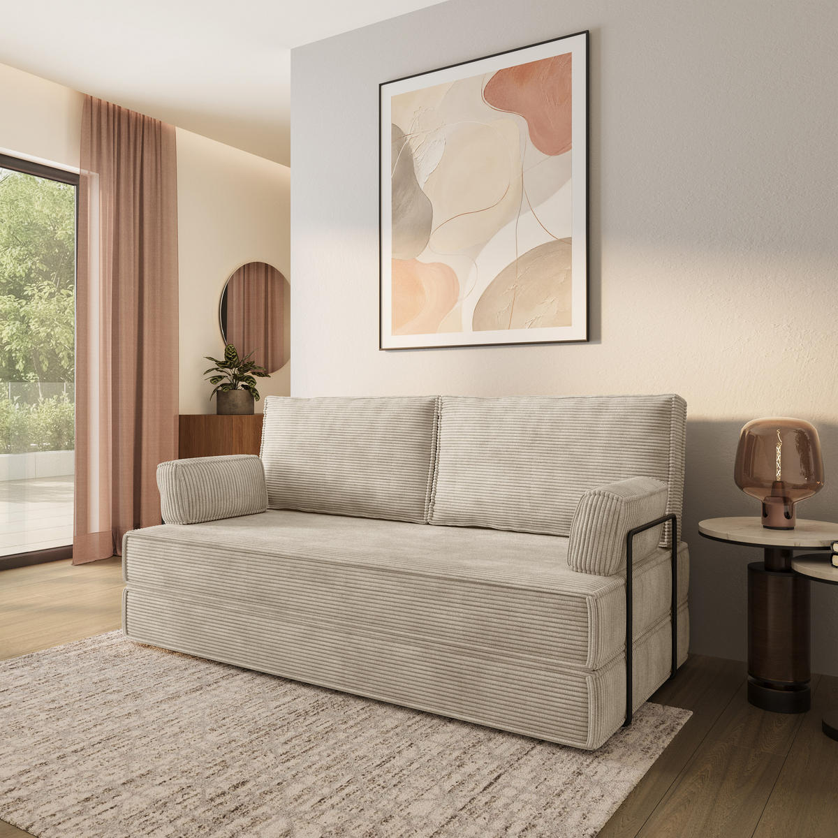 POHOVKA z pěny SILAR s kovovým rámem Manšestrová látka Krémová - krémová, textil (170/86/80cm) - MASSENO