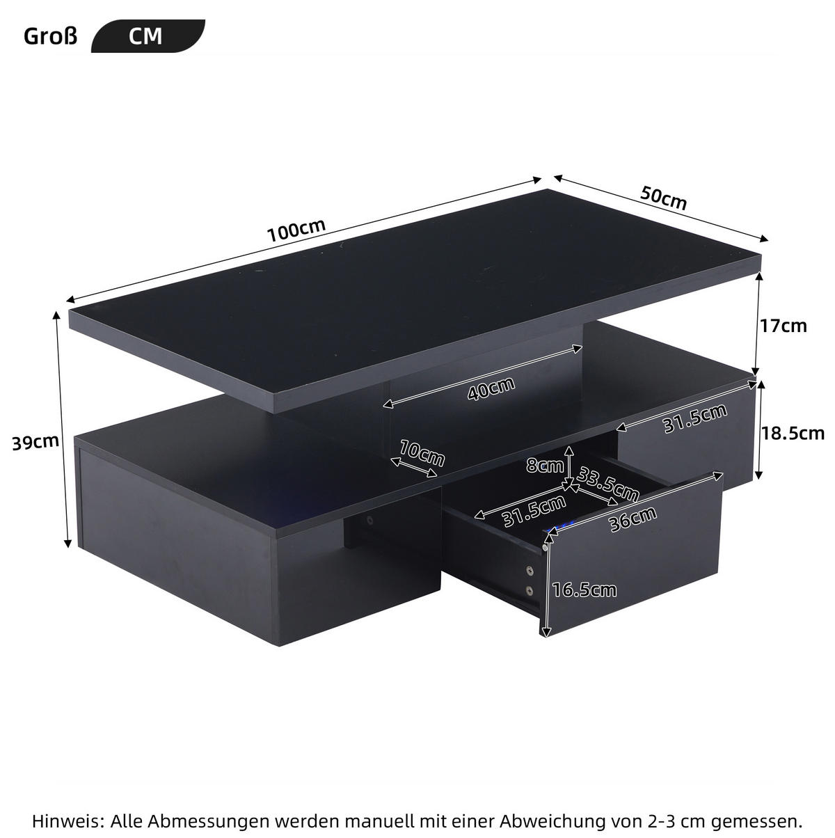 COUCHTISCH 100/50/39 cm mit LED-Beleuchtung, Hochglanz und 1 Schublade - Schwarz, Holzwerkstoff (100/50/39cm) - Flora Grace