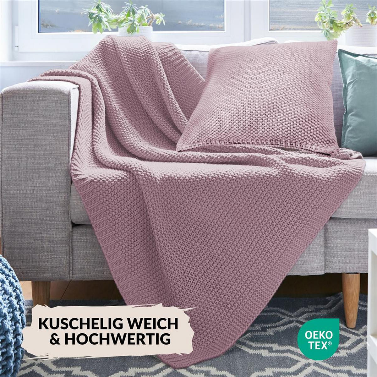STRICKDECKE 130x170 cm, Kuscheldecke aus 100% Polyacryl, Flauschige Wohnzimmer Wohndecke für Sofa, Bett, Couch uvm. - Rosa - Hellrosa, Textil (130/170cm) - Carpe Sonno