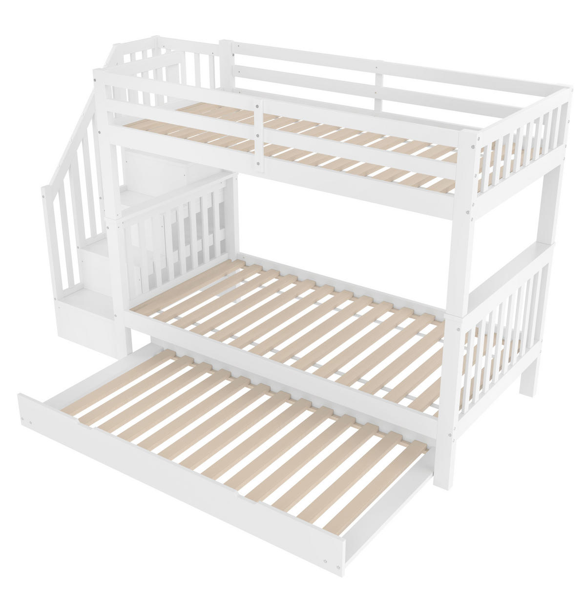 ETAGENBETT 90/200 cm mit ausziehbarem Rollbett, Treppenregal und hohen Sicherheitsgittern, Weiß - Weiß, Holzwerkstoff (90/200cm) - Redom