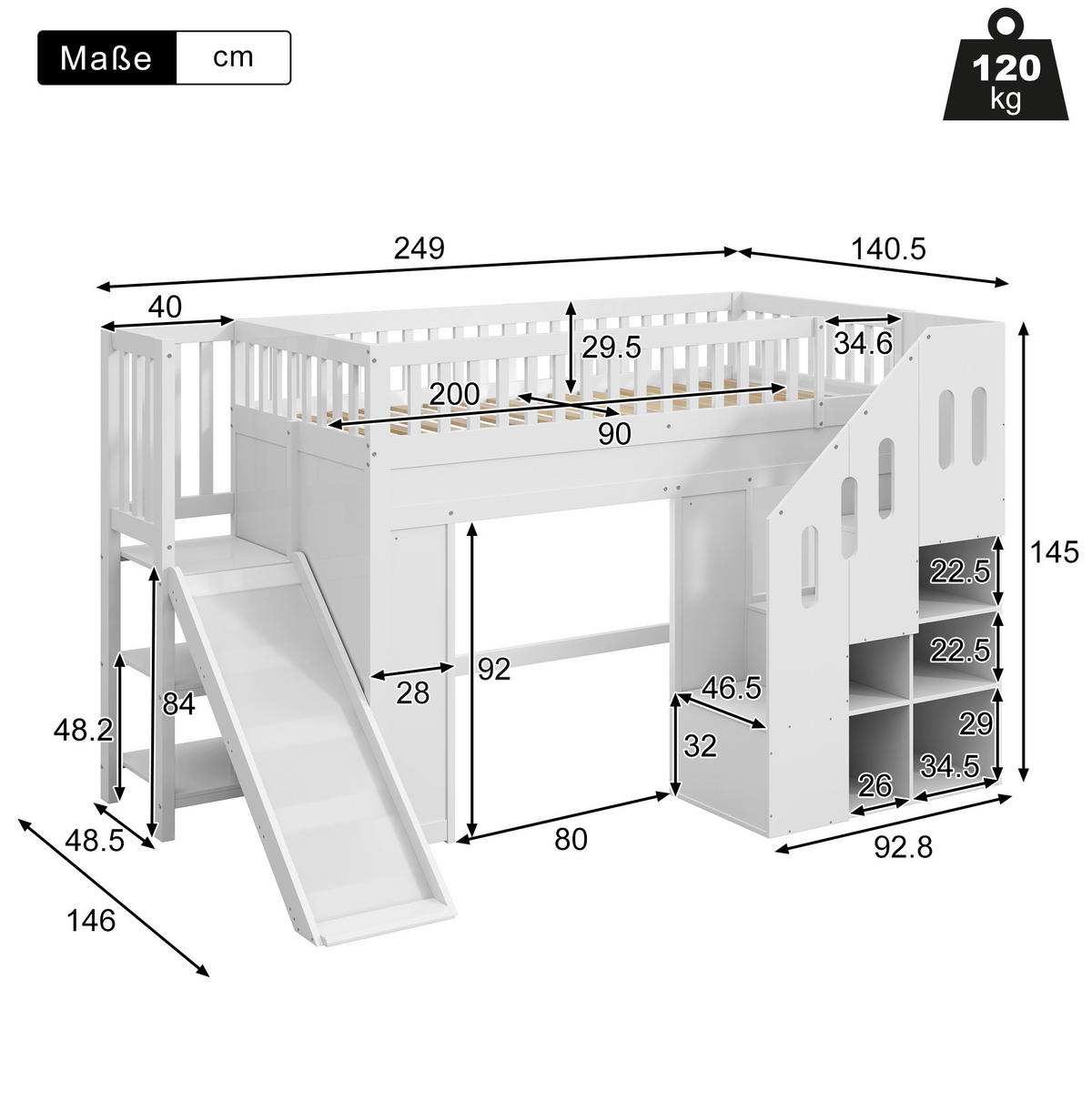 HOCHBETT aus Kiefernholz und MDF 90x200 cm Weiß mit Rutsche, Eckstauraumtreppe, LED-Lichtleiste und Lattenrost - Weiß, Holzwerkstoff (90/200cm) - Modfu