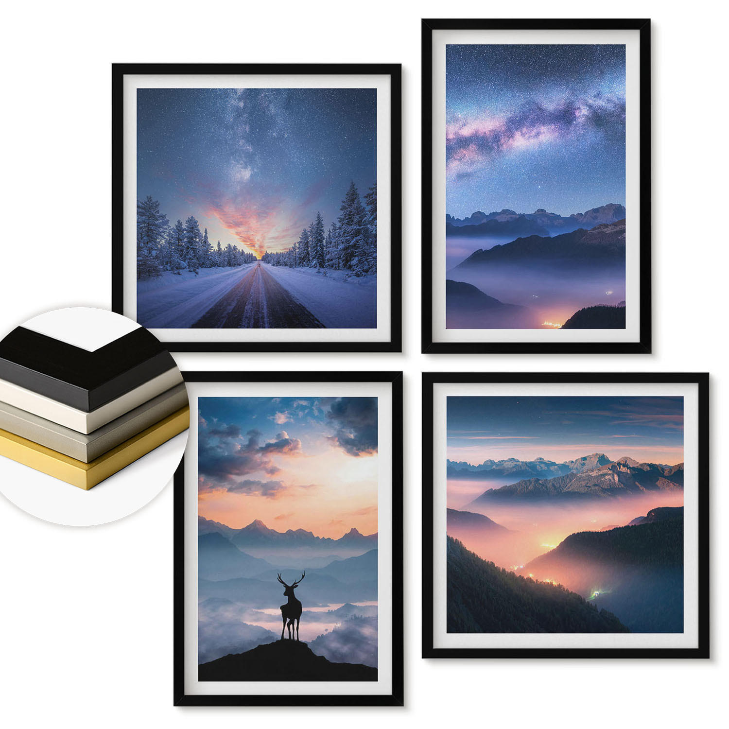 WANDBILDER 4er-Set - 50x50 cm & 40x60 cm Schwarzer Rahmen - Nachthimmel Berge Nebel Hirsch - Schwarz, Kunststoff (50/50cm) - ArtPrintCave