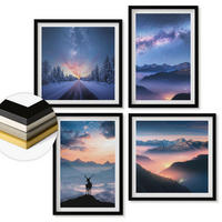 WANDBILDER 4er-Set - 50x50 cm & 40x60 cm Schwarzer Rahmen - Nachthimmel Berge Nebel Hirsch - Schwarz, Kunststoff (50/50cm) - ArtPrintCave