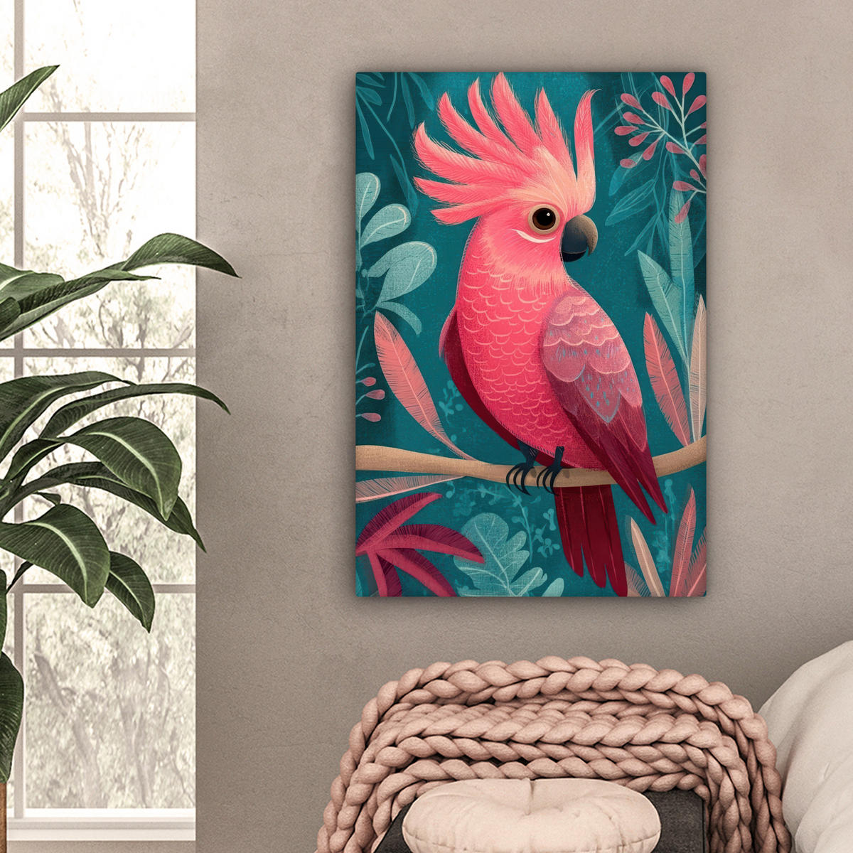 LEINWANDBILD Kakadu - Tropische Blätter - Zweig Wanddeko Schlafzimmer 60x90 cm - Petrol, Textil (60/90cm) - MuchoWow