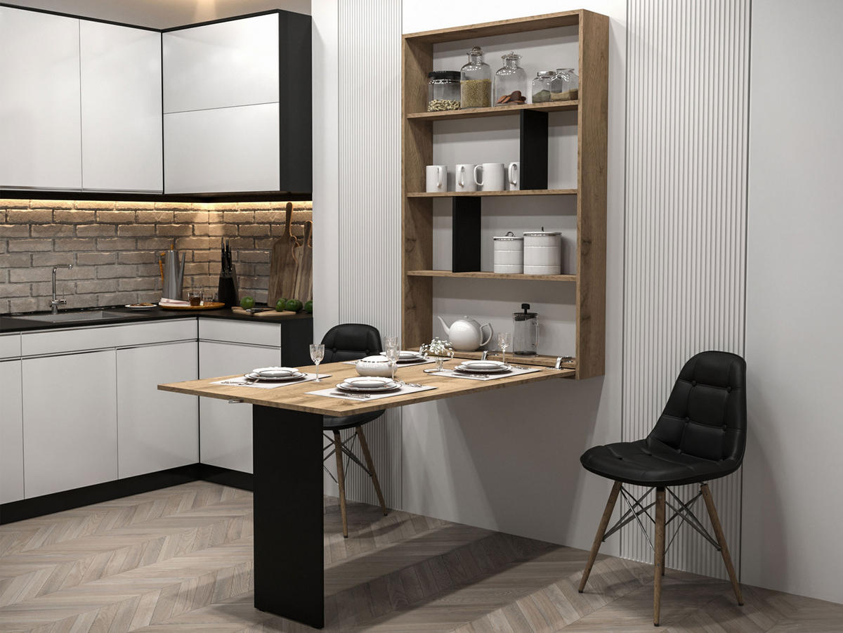 WANDKLAPPTISCH Abi - Eiche Wotan/Schwarz, Holzwerkstoff (85/203/19cm) - MIRJAN24