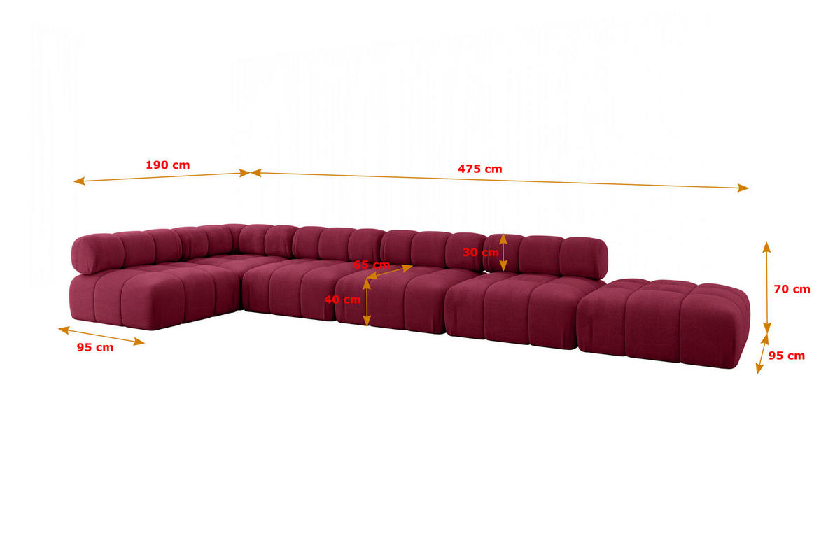 ECKSOFA modulares Sofa Favio-L3 - 475x190x70 cm Bordeauxrot Velours - Bordeaux, Holzwerkstoff/Textil (475/190cm) - ALTDECOR