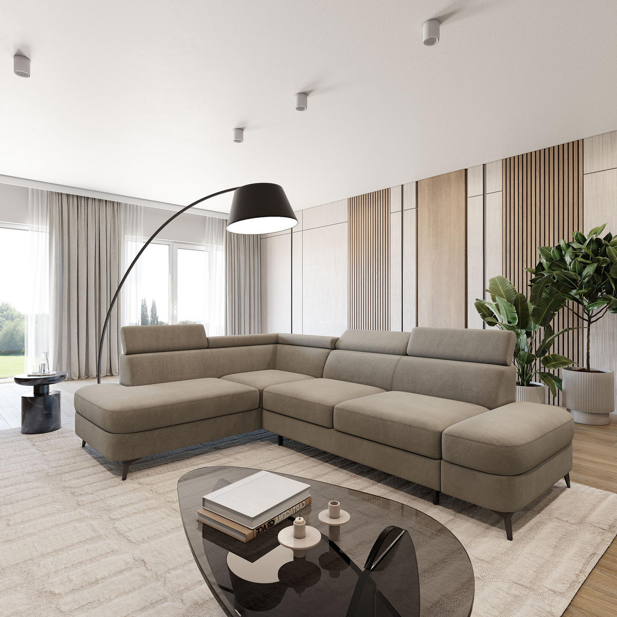 ECKSOFA AVISE MV L-S Beige Velours-Stoff mit Schlaffunktion - Beige, Holzwerkstoff/Textil (268/195cm) - MASSENO