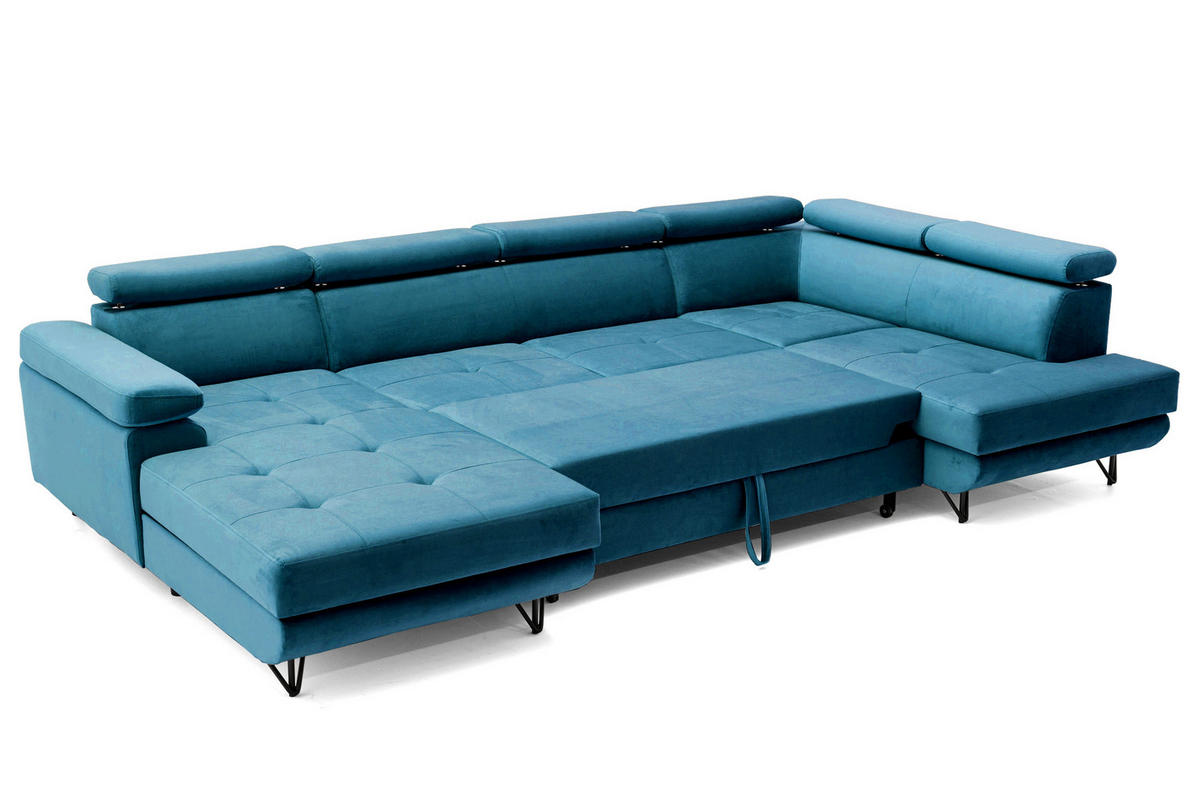 ECKSOFA U-Form JUNIOR U Rechts mit Schlaffunktion 128x254 Velours Smaragdgrün - Smaragdgrün/Schwarz, Holz/Textil (184/90/323cm) - Muffo