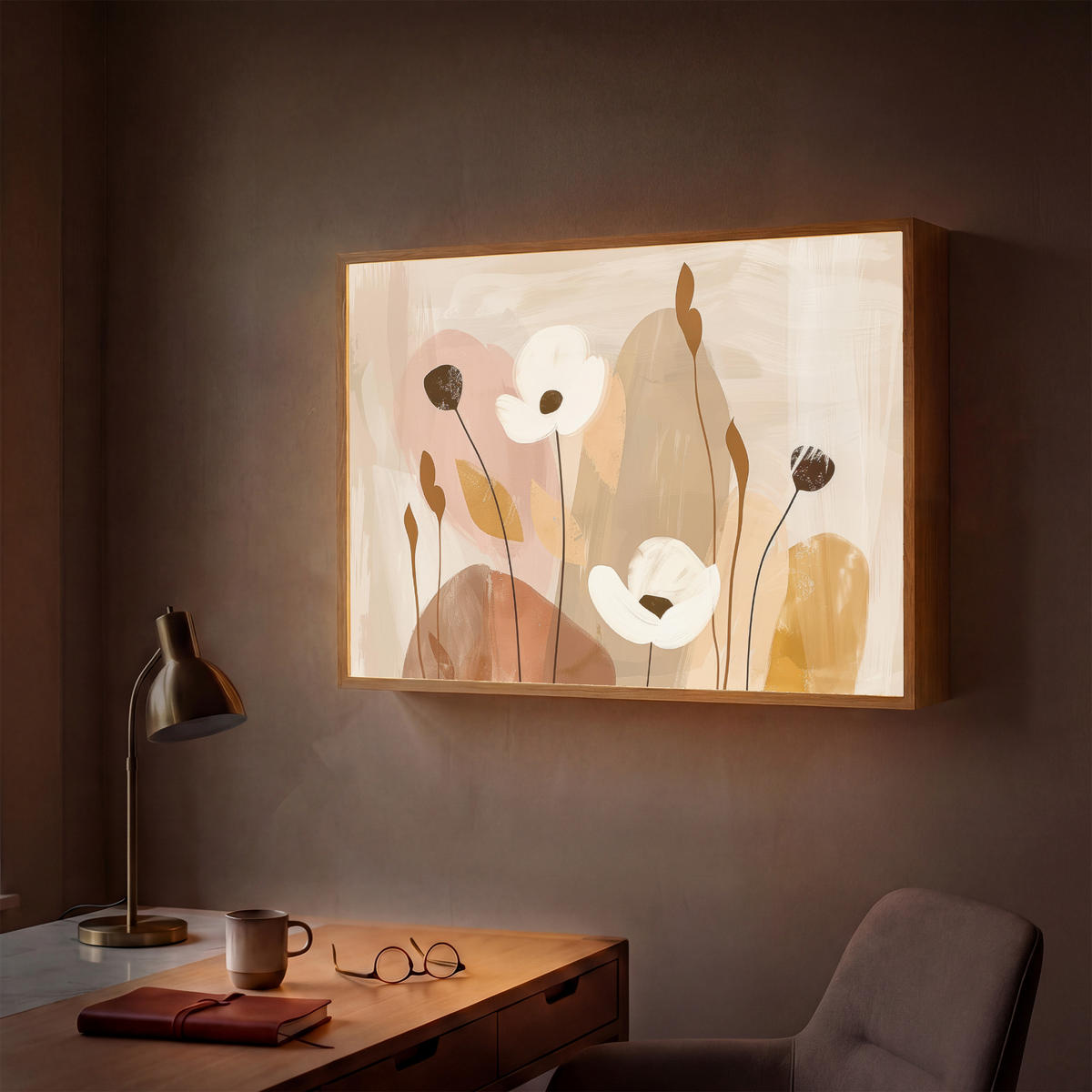 WANDLEUCHTE MIT AKKU Blumen - Abstrakt - Beige - Strichzeichnung 100x70 cm - Sandfarben, Holzwerkstoff (100/70/8cm) - OnlyWow