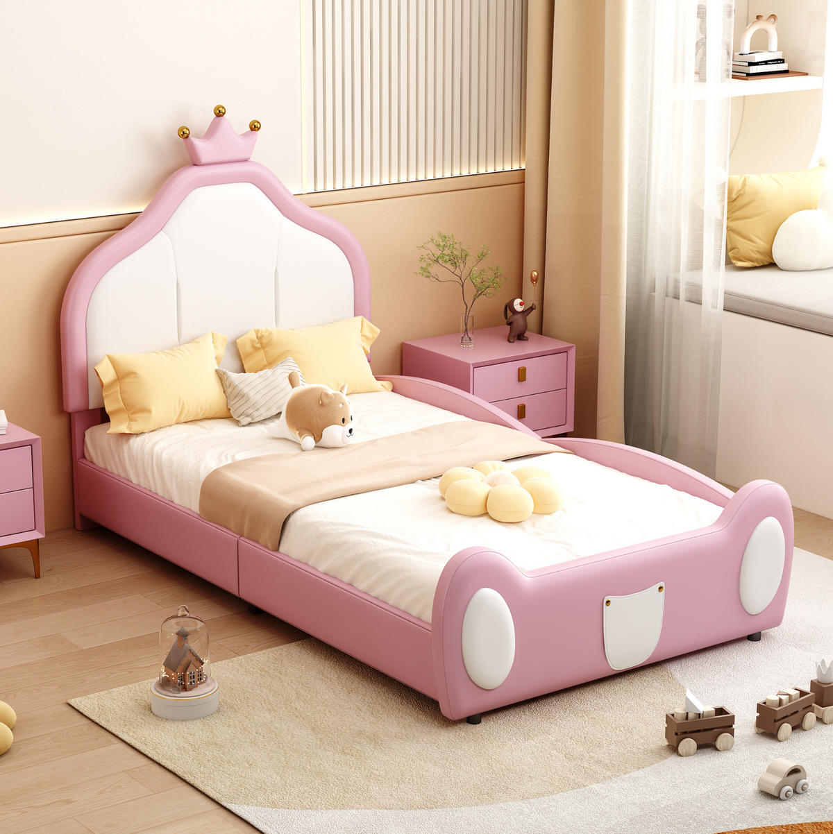 POLSTERBETT 90/200 cm mit Kronenkopfteil und kindgerechtem Design aus Kunstleder, Weiß/Rosa - Rosa, Textil (90/200cm) - Redom