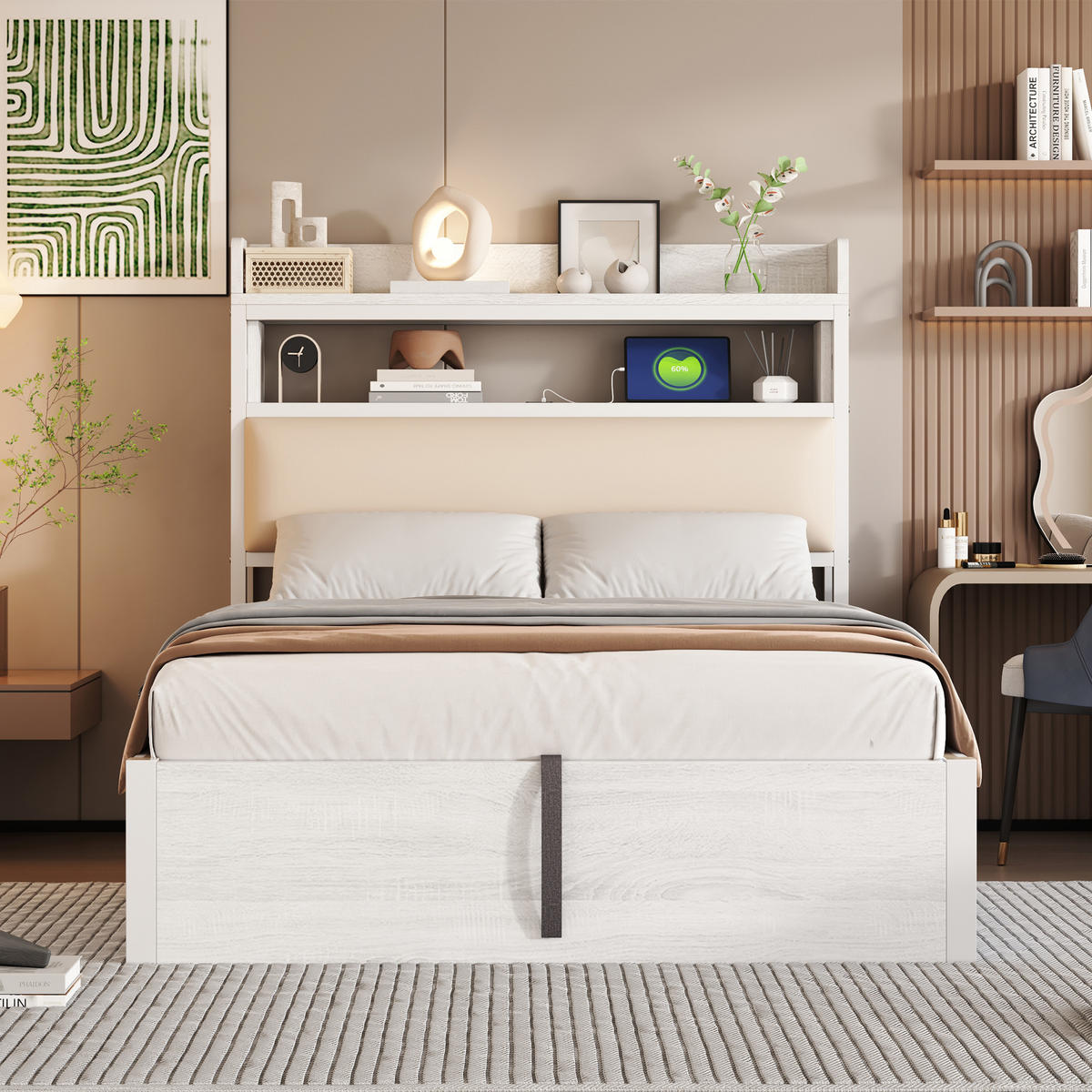 POLSTERBETT 90/200 cm weiß aus Metall und Holz mit Stauraum und USB - Weiß, Metall (90/200cm) - OKWISH
