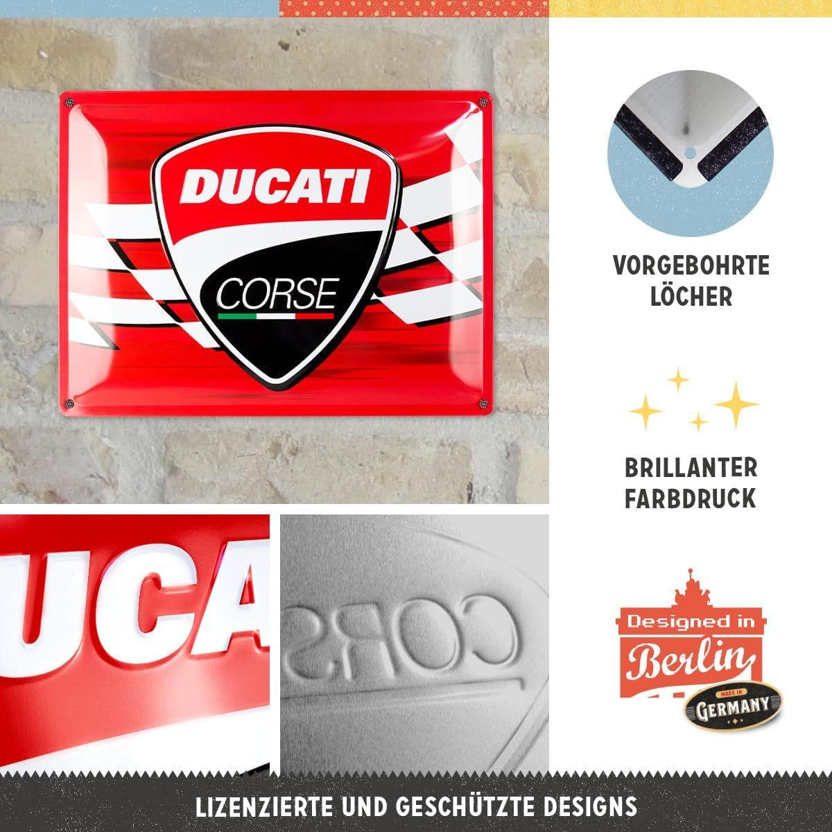BLECHSCHILD 30/40 cm Ducati Corse Logo Racing Flag - Multicolor, Metall (40/30/0.2cm) - Nostalgic-Art