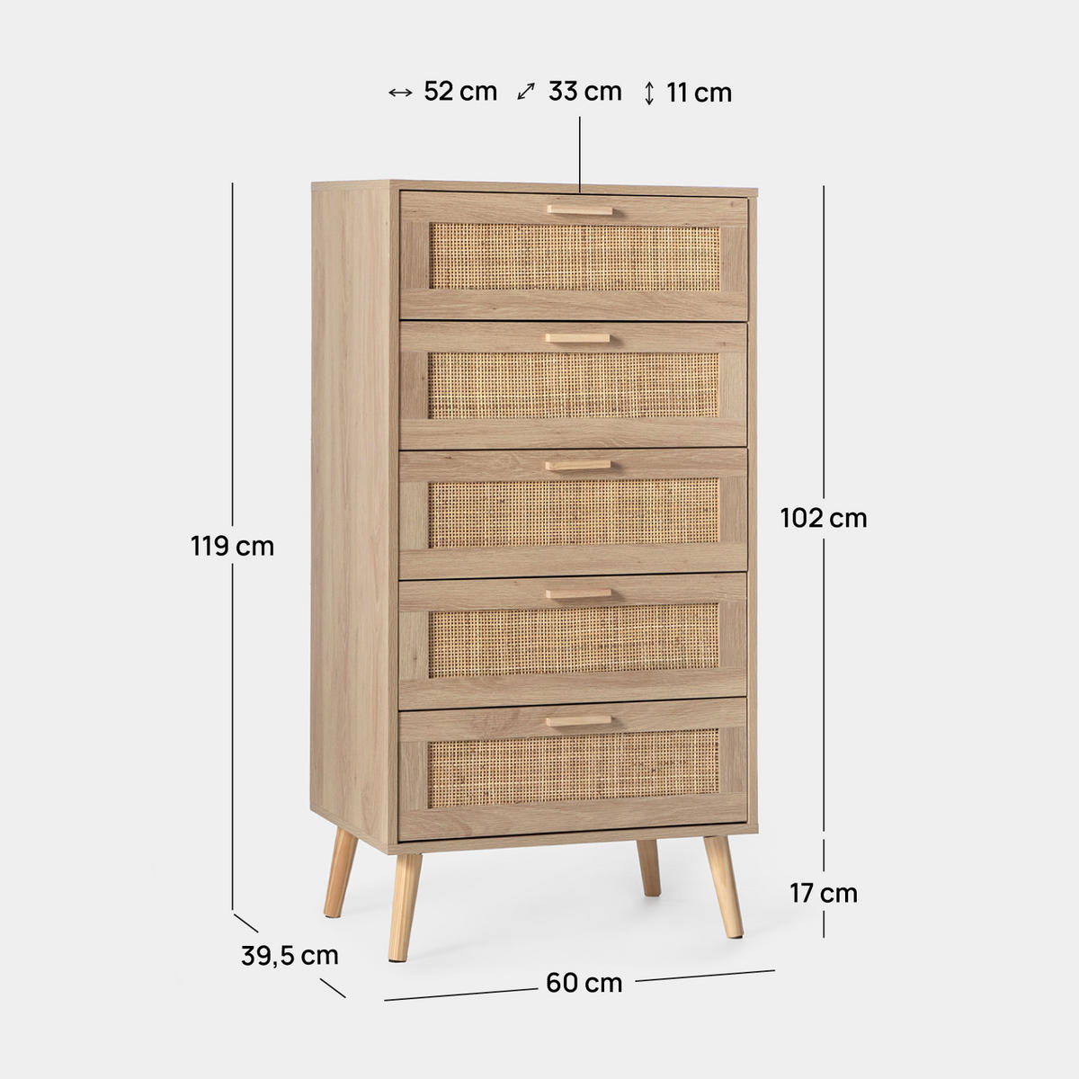 SCHUBLADENSCHRANK Tahiti Natürlich 60 cm x 119 cm - Naturfarben, Holzwerkstoff (60/119/39cm) - Klast Home