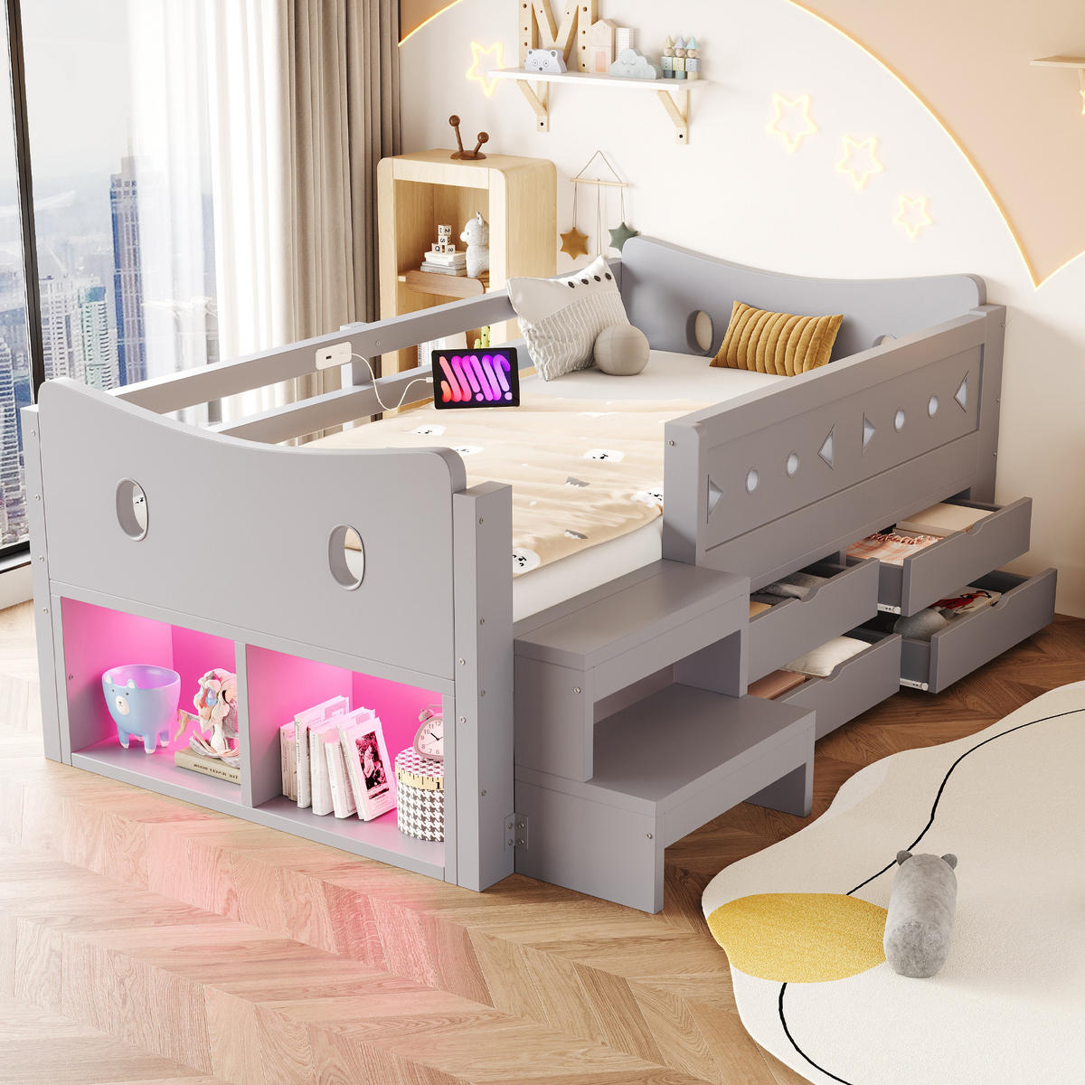 STAURAUMBETT 90/200 cm mit LED und 4 Schubladen, DE-41634, in Grau - Grau, Holzwerkstoff (90/200cm) - ComfortXL
