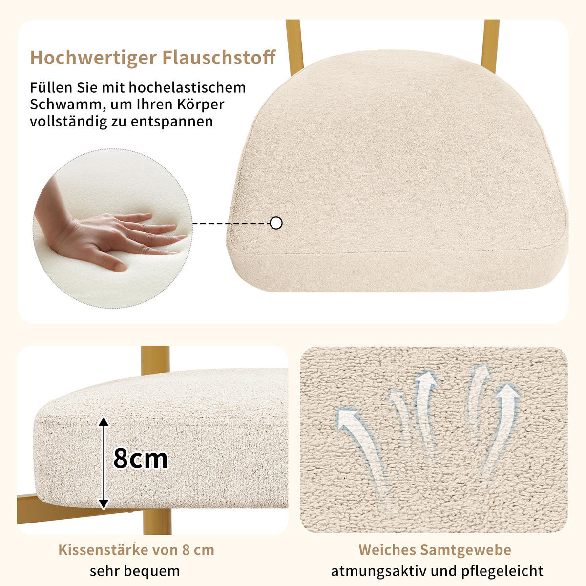 ESSTISCHSET 5-Teilig Mit Metallbeinen, 4 Creme Wildledersessel, Gold - Multicolor, Metall (140/75/80cm) - FLIEKS