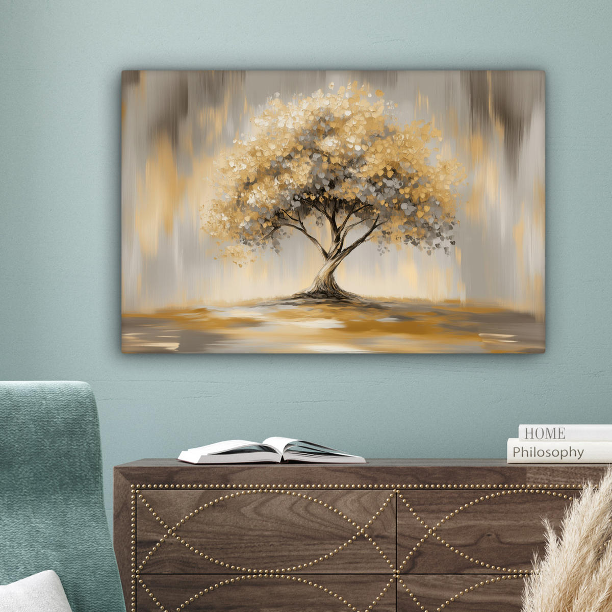 LEINWANDBILD Gemälde - Baum - Abstrakt - Blätter Gemälde 60x40 cm - Beige, Textil (60/40cm) - MuchoWow