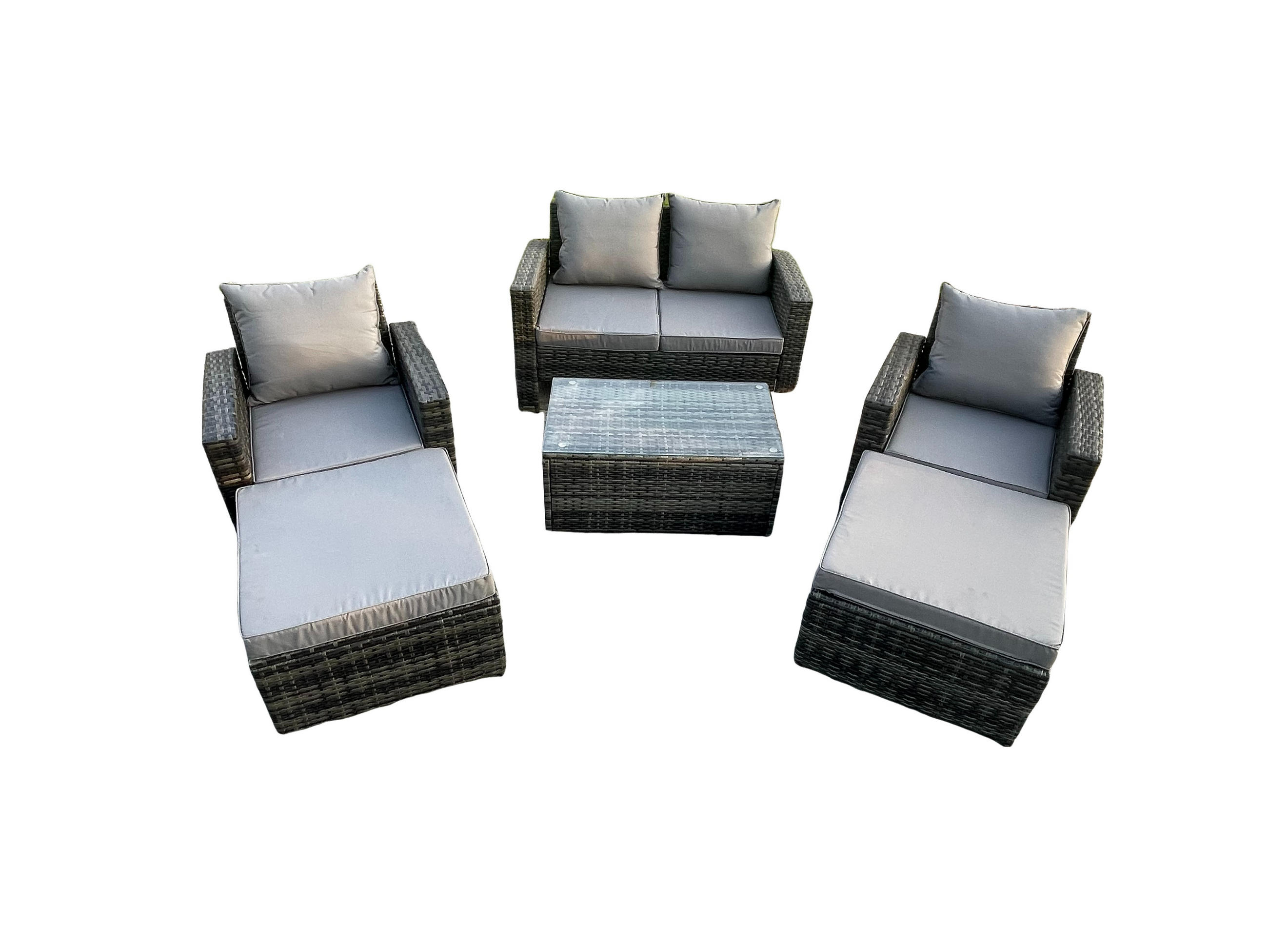 GARTENMÖBEL SET MIT COUCHTISCH 2 HOCKER Polyrattan Dunkelgrau Gemischt 6-Sitzer - Dunkelgrau, Metall - Fimous