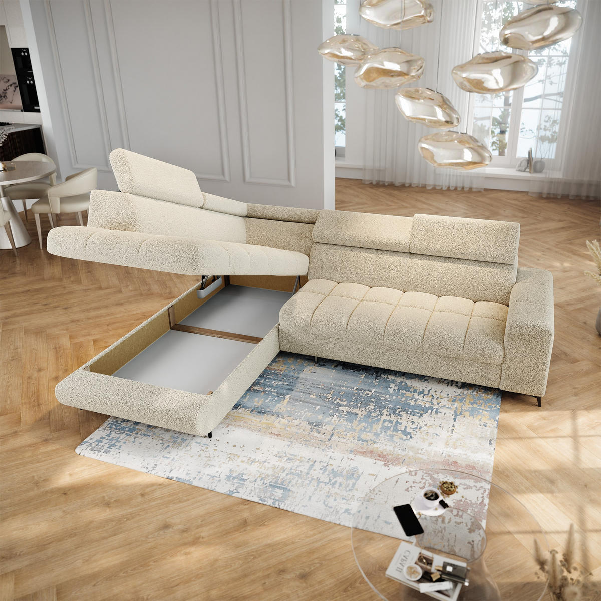 ECKSOFA MORIVA Q L-S Creme Boucle-Stoff mit Schlaffunktion - Creme, Holzwerkstoff/Textil (253/190cm) - MASSENO