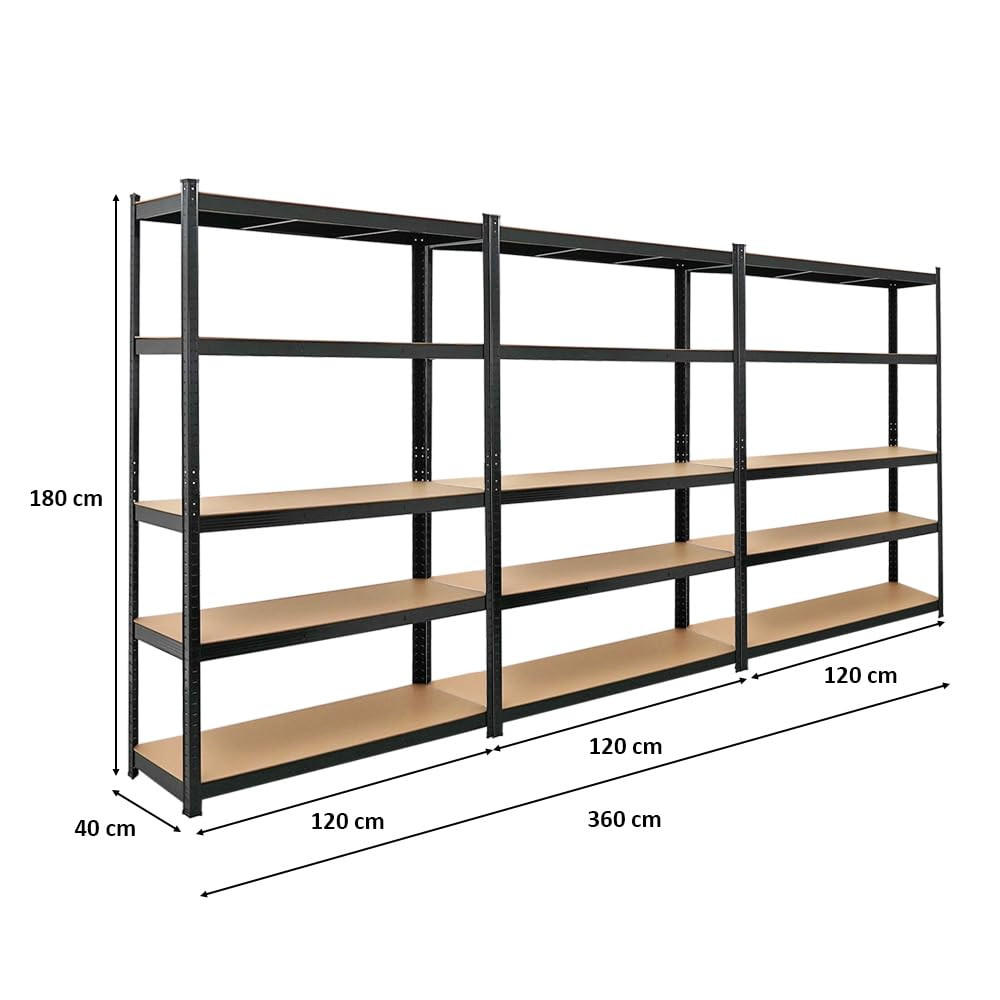 SCHWERLASTREGAL Ragnar 3er-Set mit 3x 180x120x40 cm Fachlast 175 kg Schwarz - Schwarz, Metall (360/180/40cm) - PROREGAL
