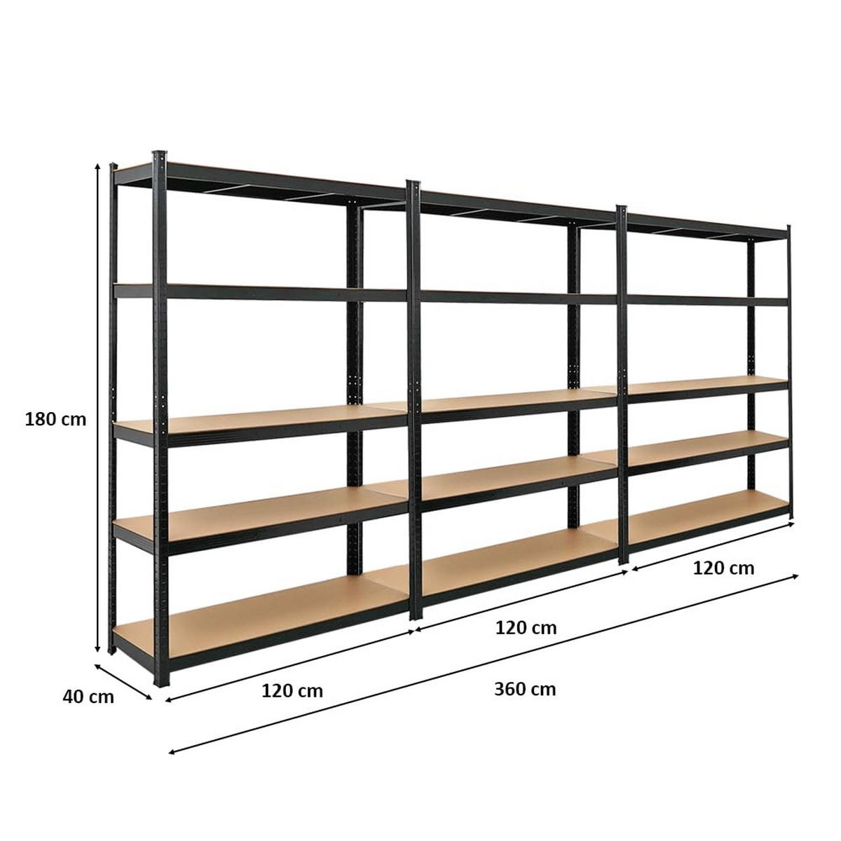 SCHWERLASTREGAL Ragnar 3er-Set mit 3x 180x120x40 cm Fachlast 175 kg Schwarz - Schwarz, Metall (360/180/40cm) - PROREGAL