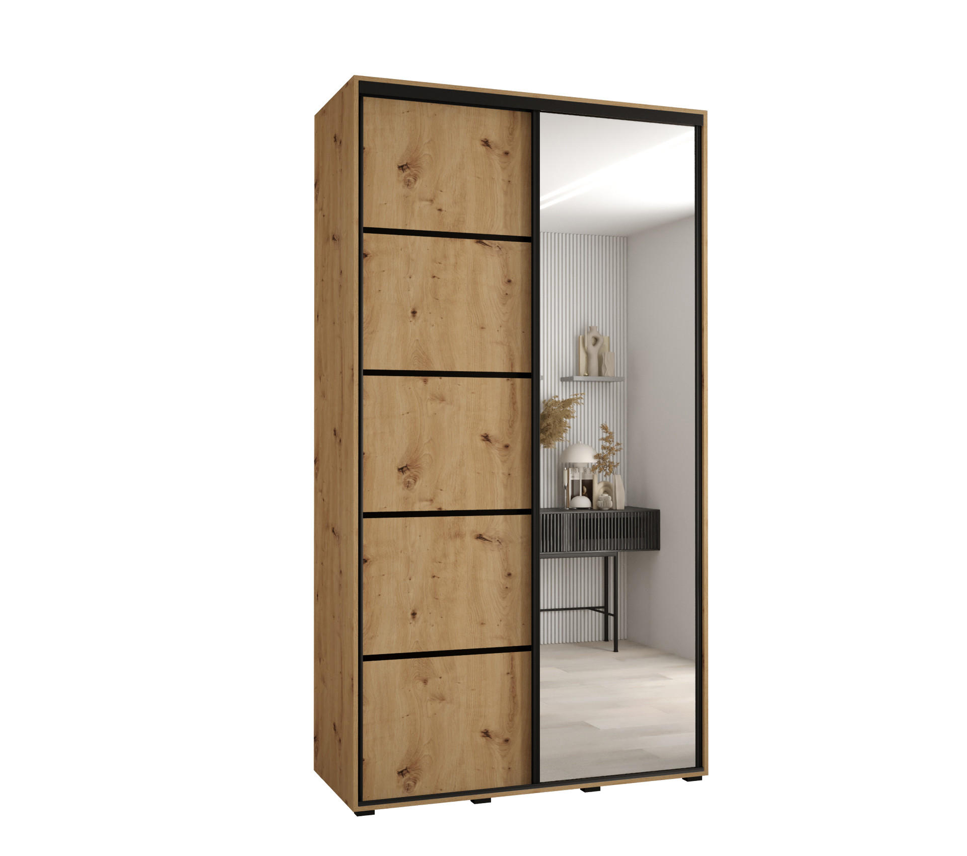 Abiks Möbel Schwebetürenschrank Eiche Artisan, Eiche Artisan, Schwarz 130x235x60 cm
