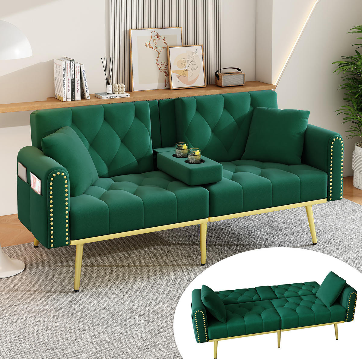 SCHLAFSOFA Samt mit verstellbarer Rückenlehne und Getränkehalter Grün 175/80/73,5 cm - Grün, Textil (73.5/175/80cm) - Redom