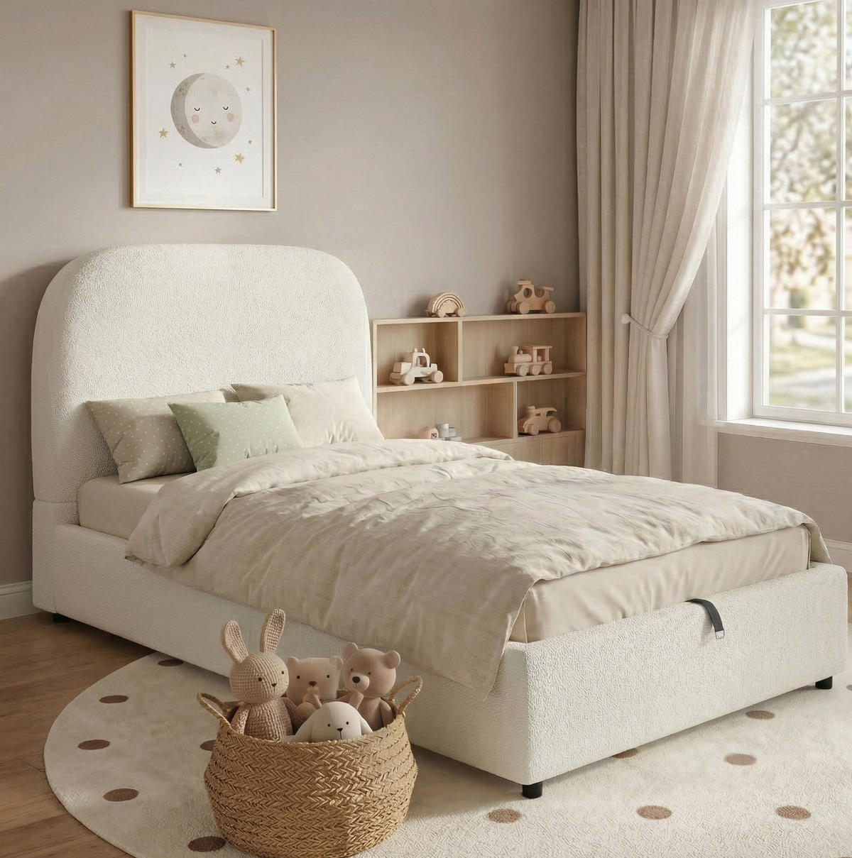 KINDERBETT 90/200 cm aus Bouclé mit hydraulischem Stauraum Beige - Beige, Holzwerkstoff (90/200cm) - Modenvie